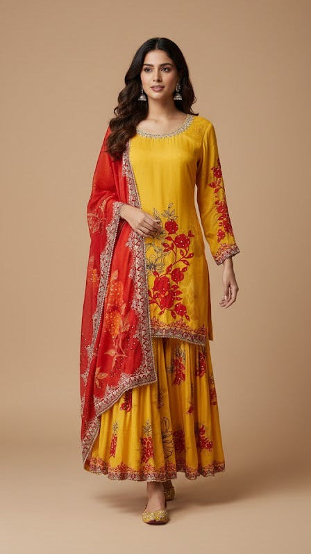 Mustard Scarlet Floral Sharara