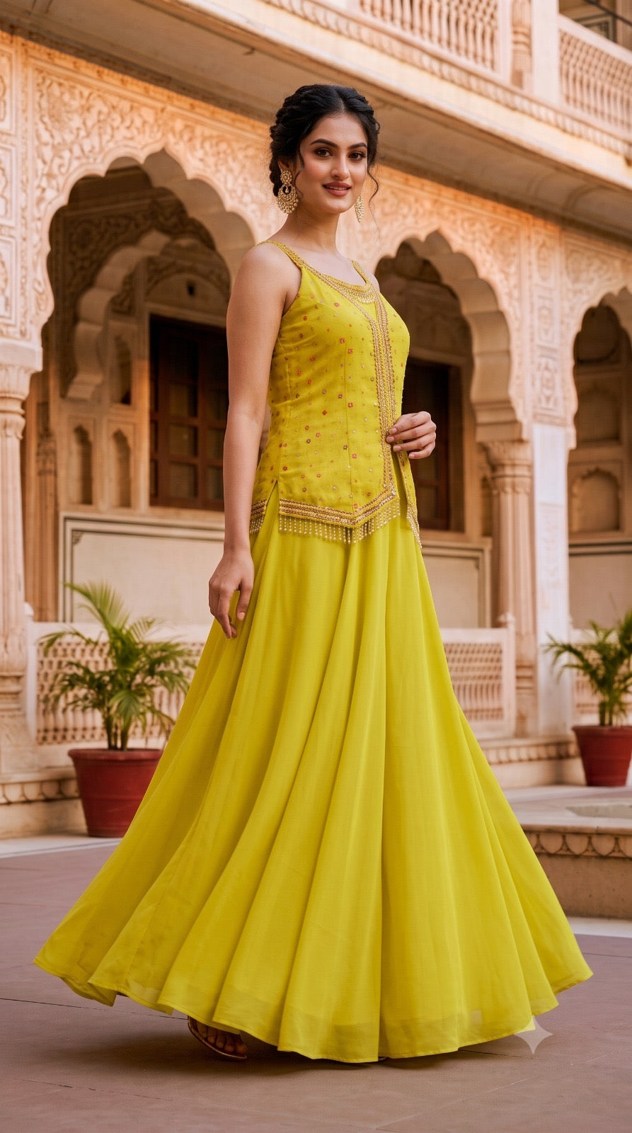 Yellow Chinon Silk Sharara Suit