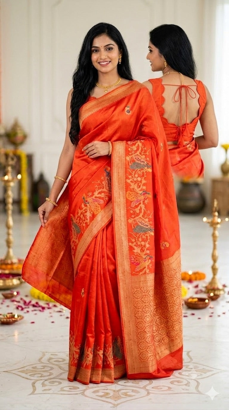 Orange Satin Silk Saree