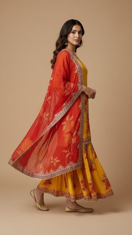 Mustard Scarlet Floral Sharara