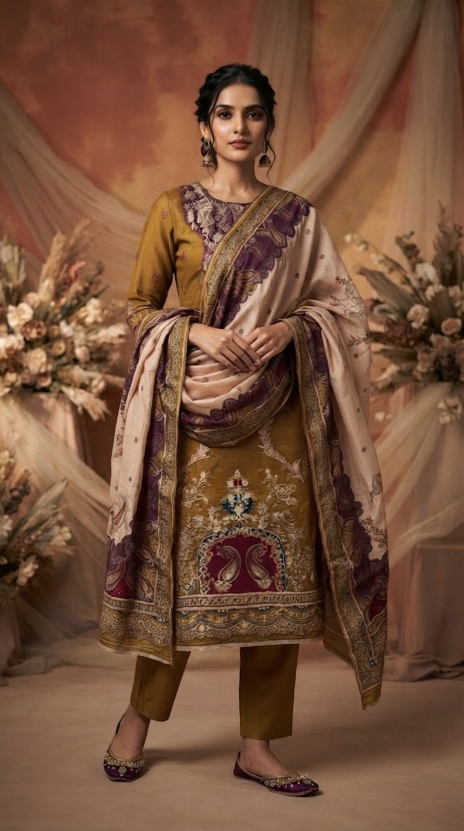 Mehendi Muslin Silk Dhoti Cut Suit