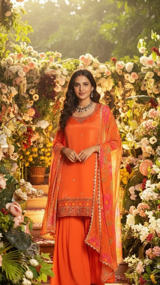 Orange Floral Sharara Suit