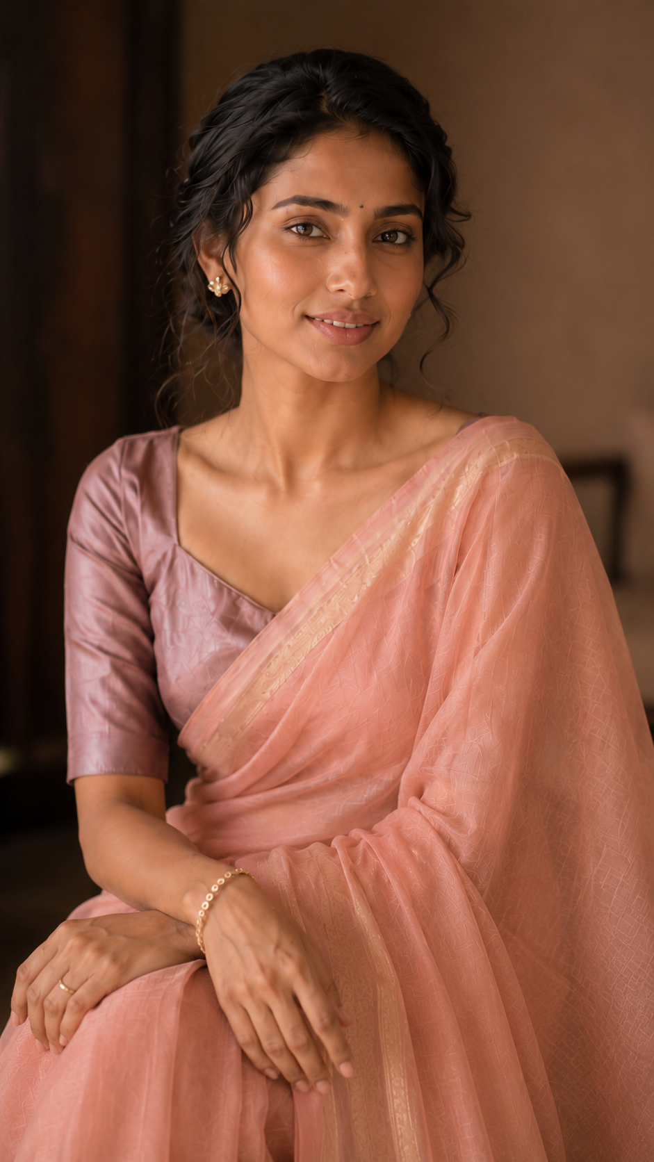 Peach Pink Kota Tissue Saree