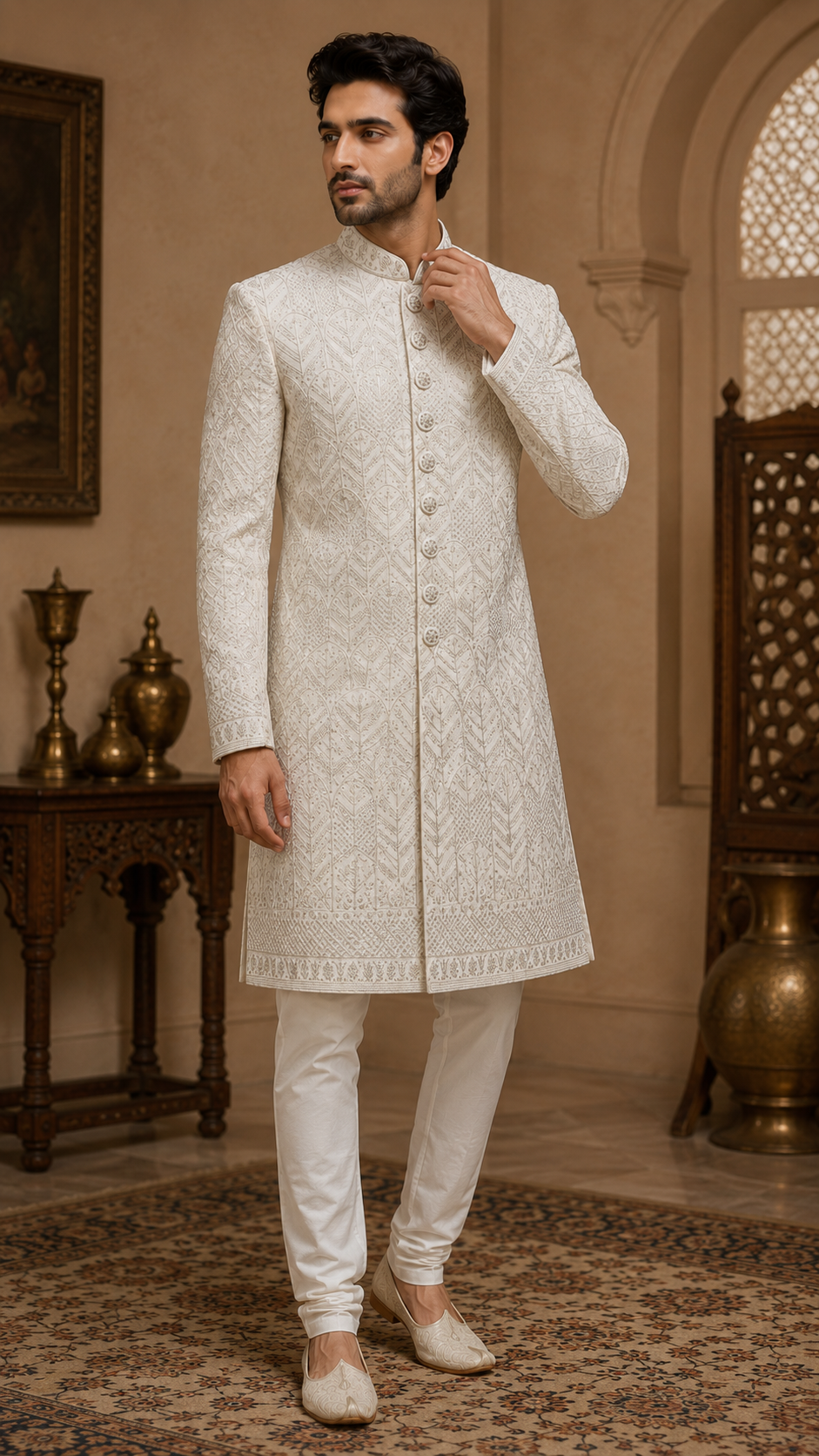 Off-White Embroidered Silk Sherwani