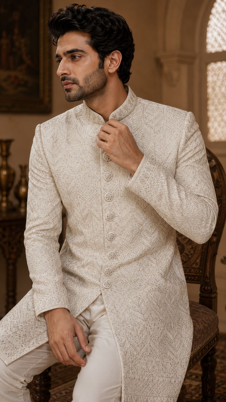 Off-White Embroidered Silk Sherwani