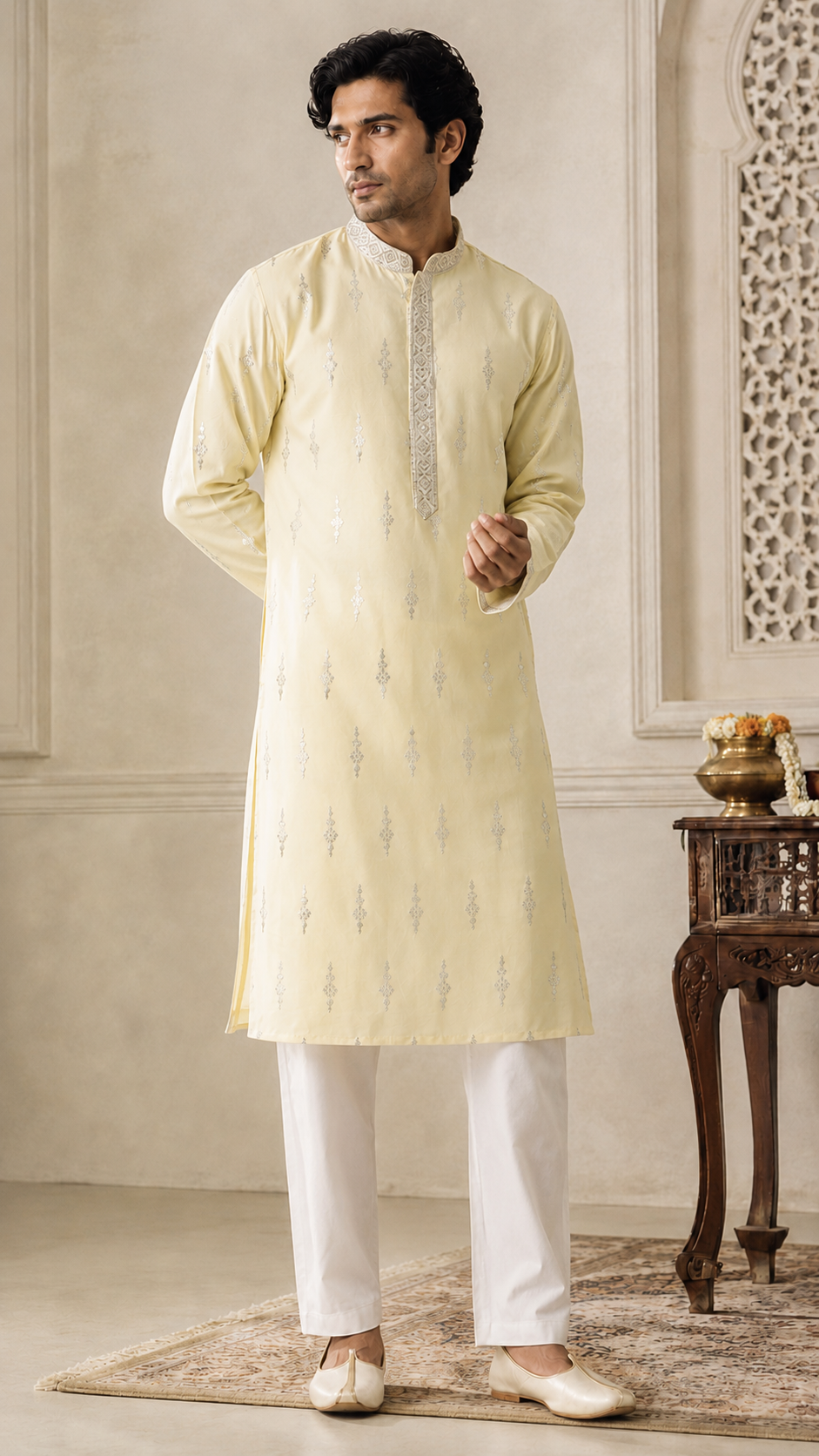 Yellow Embroidered Cotton Silk Kurta Set