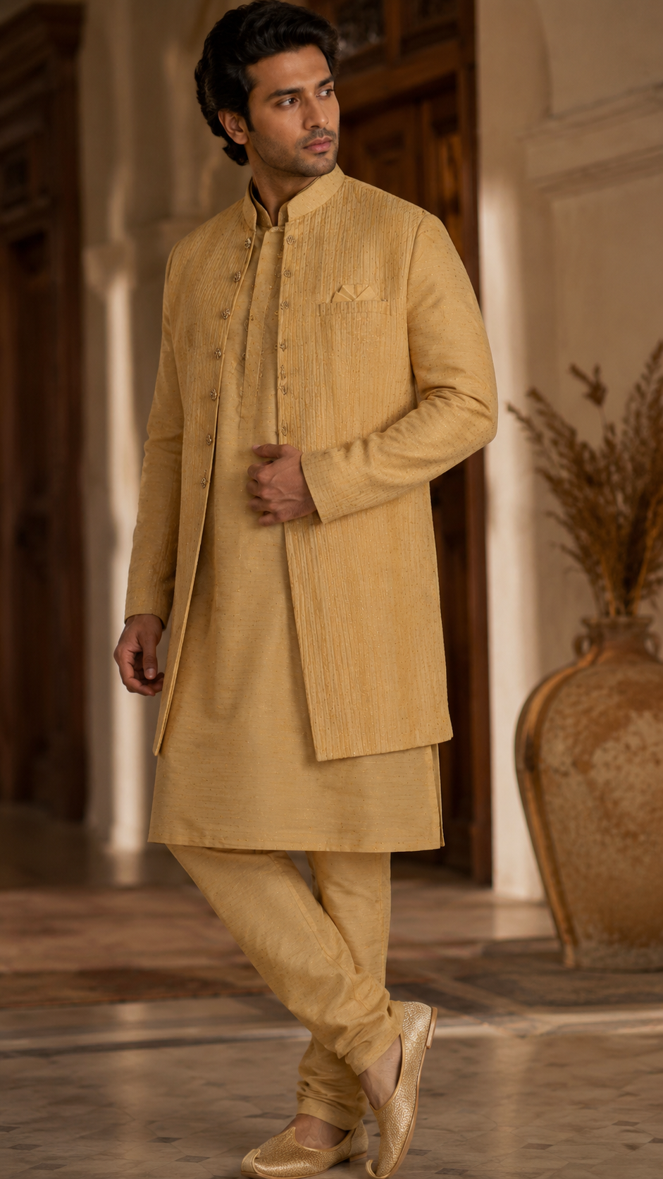 Light Gold Silk Kurta Set