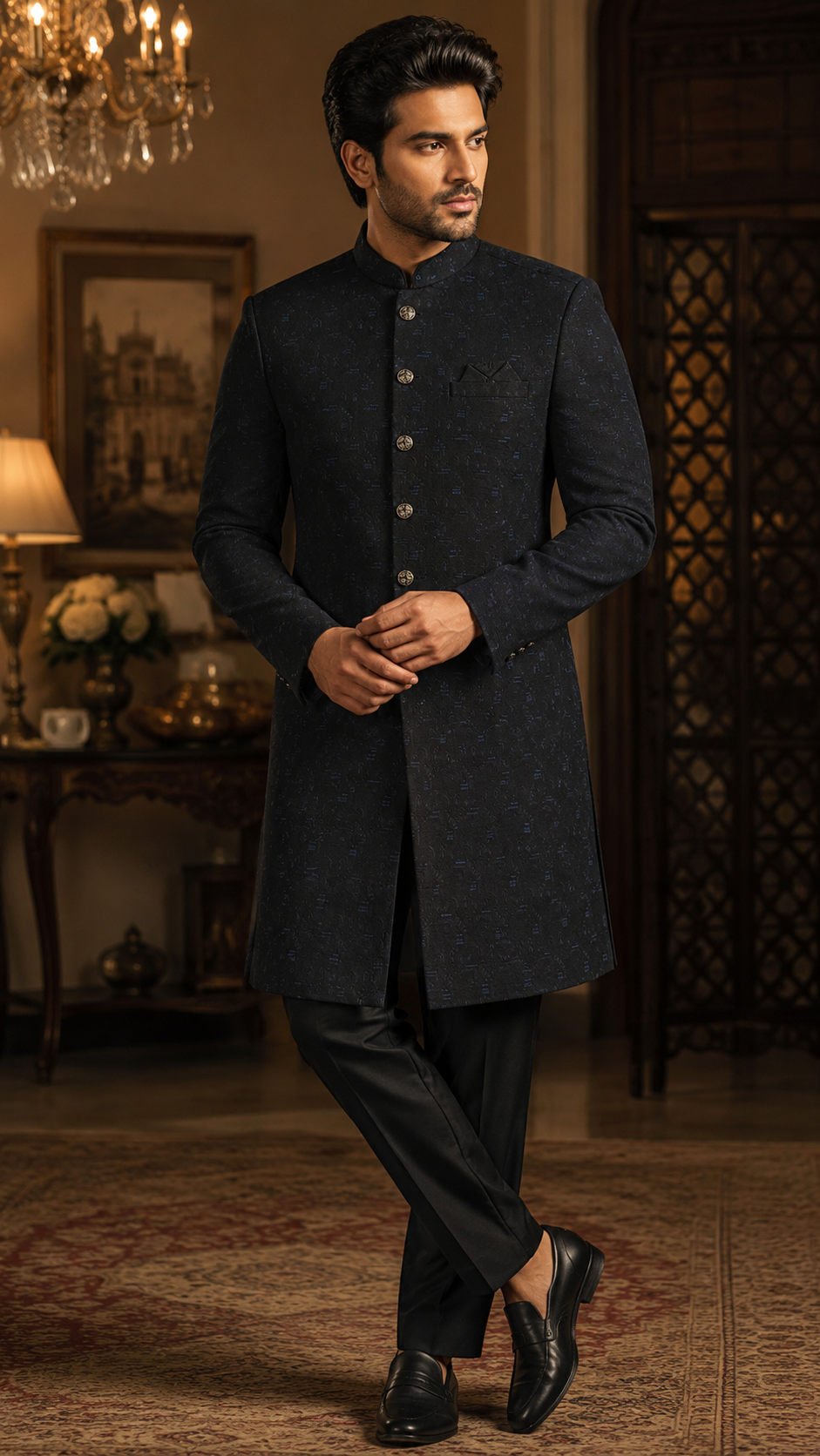 Navy Blue Silk Sherwani