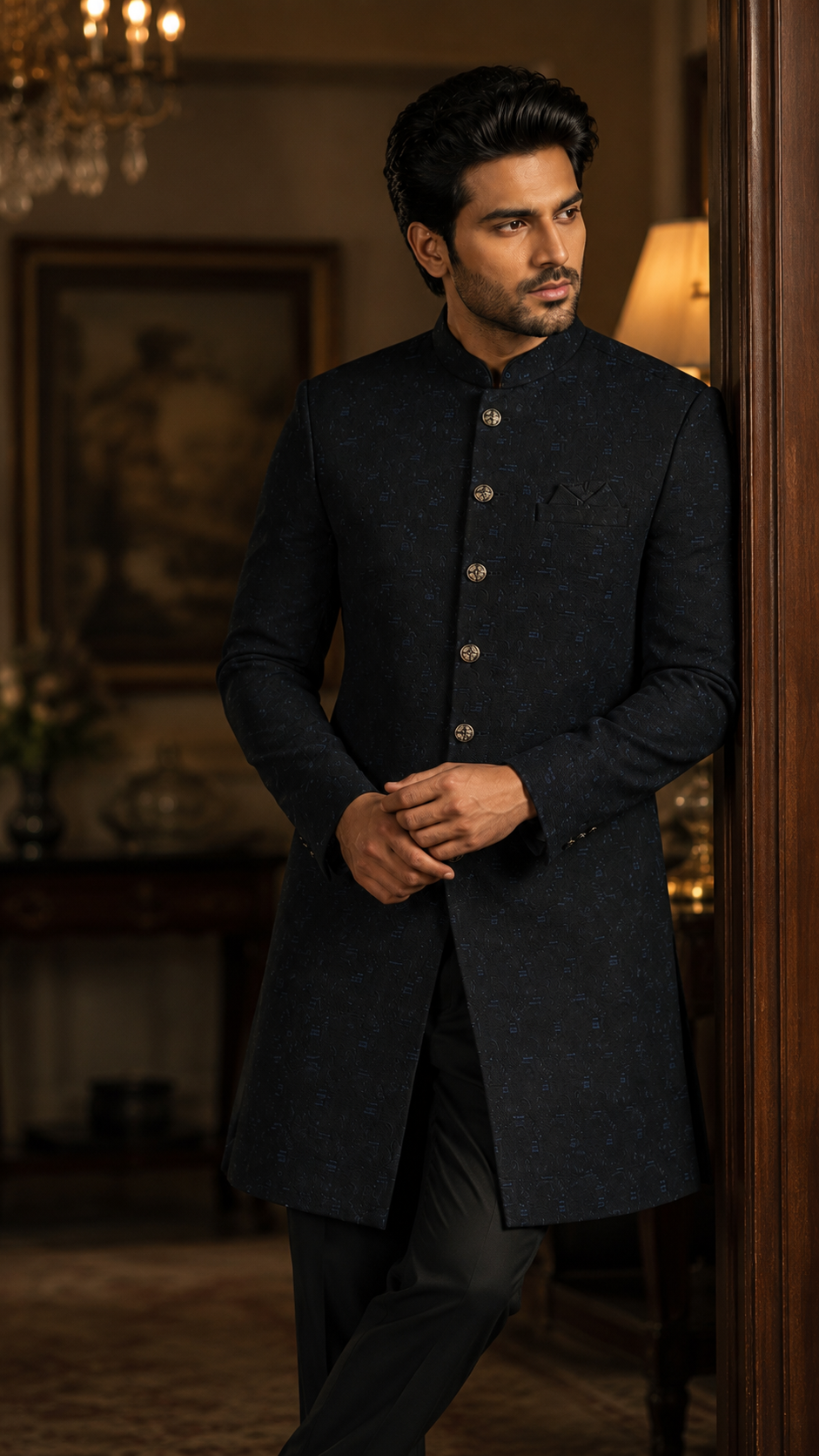 Navy Blue Silk Sherwani