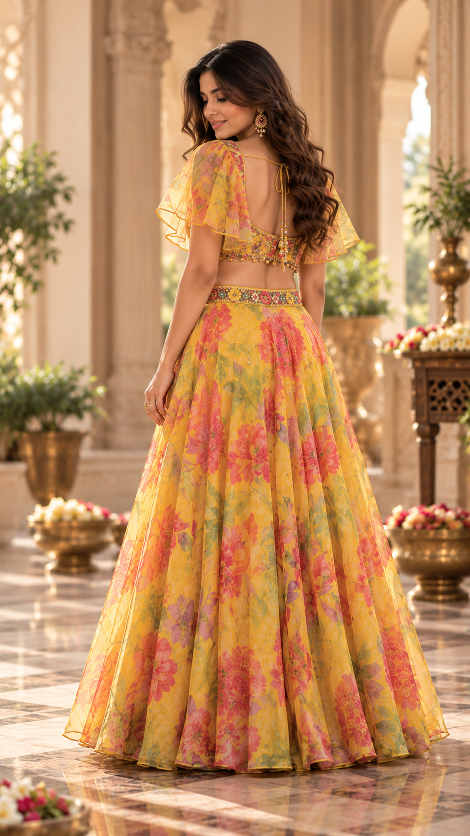 Yellow Floral Prnt Croptop Lehenga