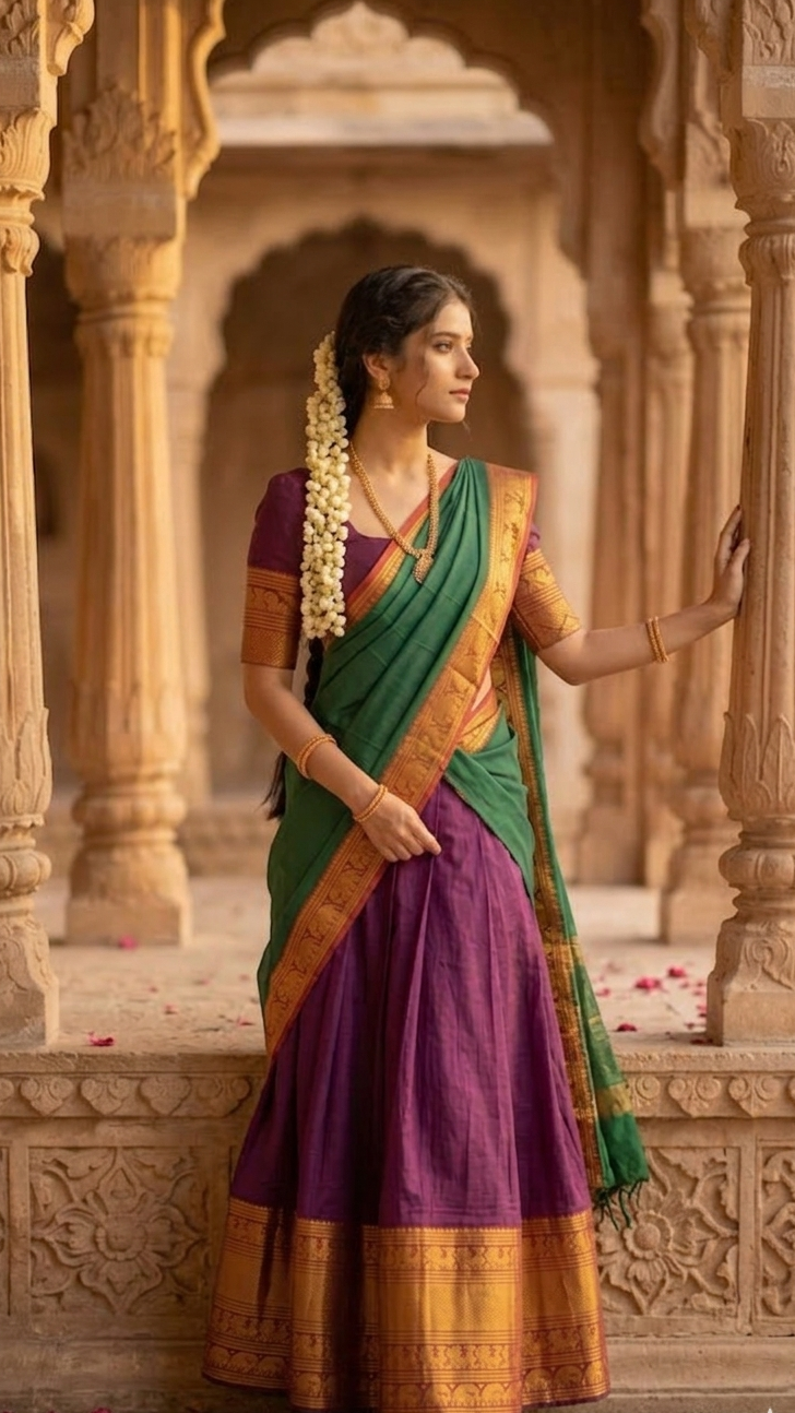 Magenta & Green Narayapet Half Saree