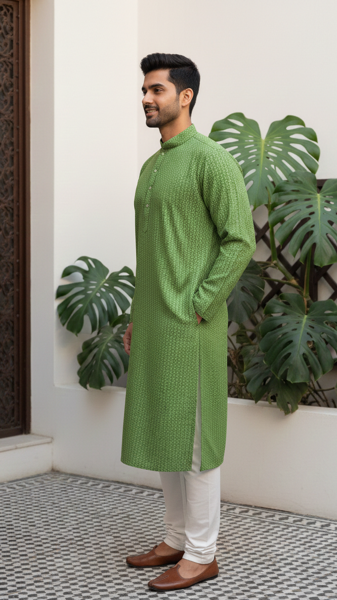 Green Dotted Weave Kurta Set