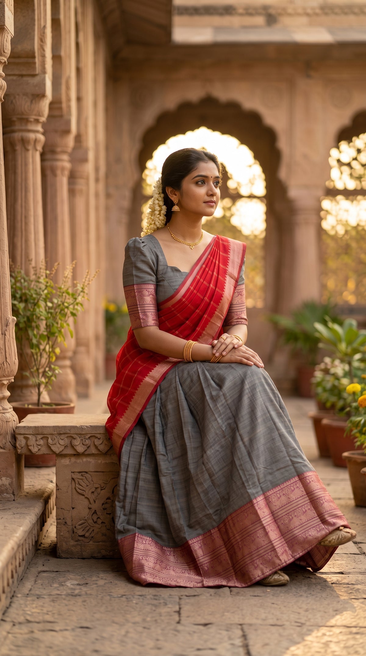 Grey & Red Half Saree