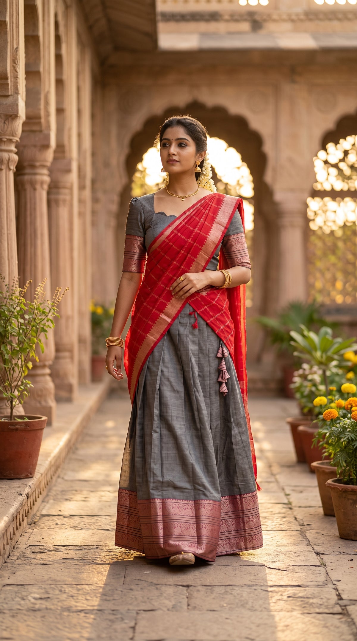 Grey & Red Half Saree