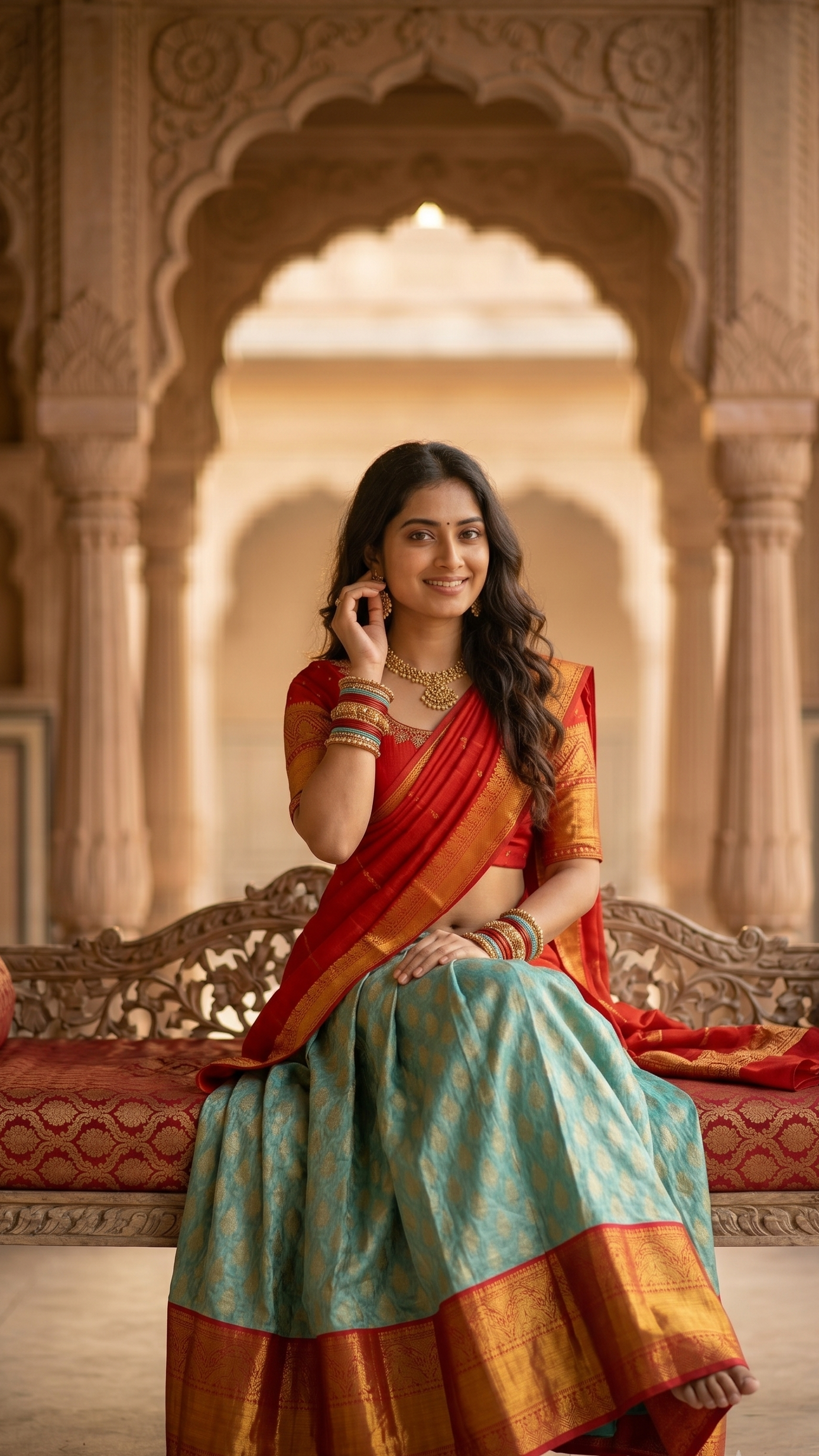 Sky Blue & Red Kanchi Half Saree