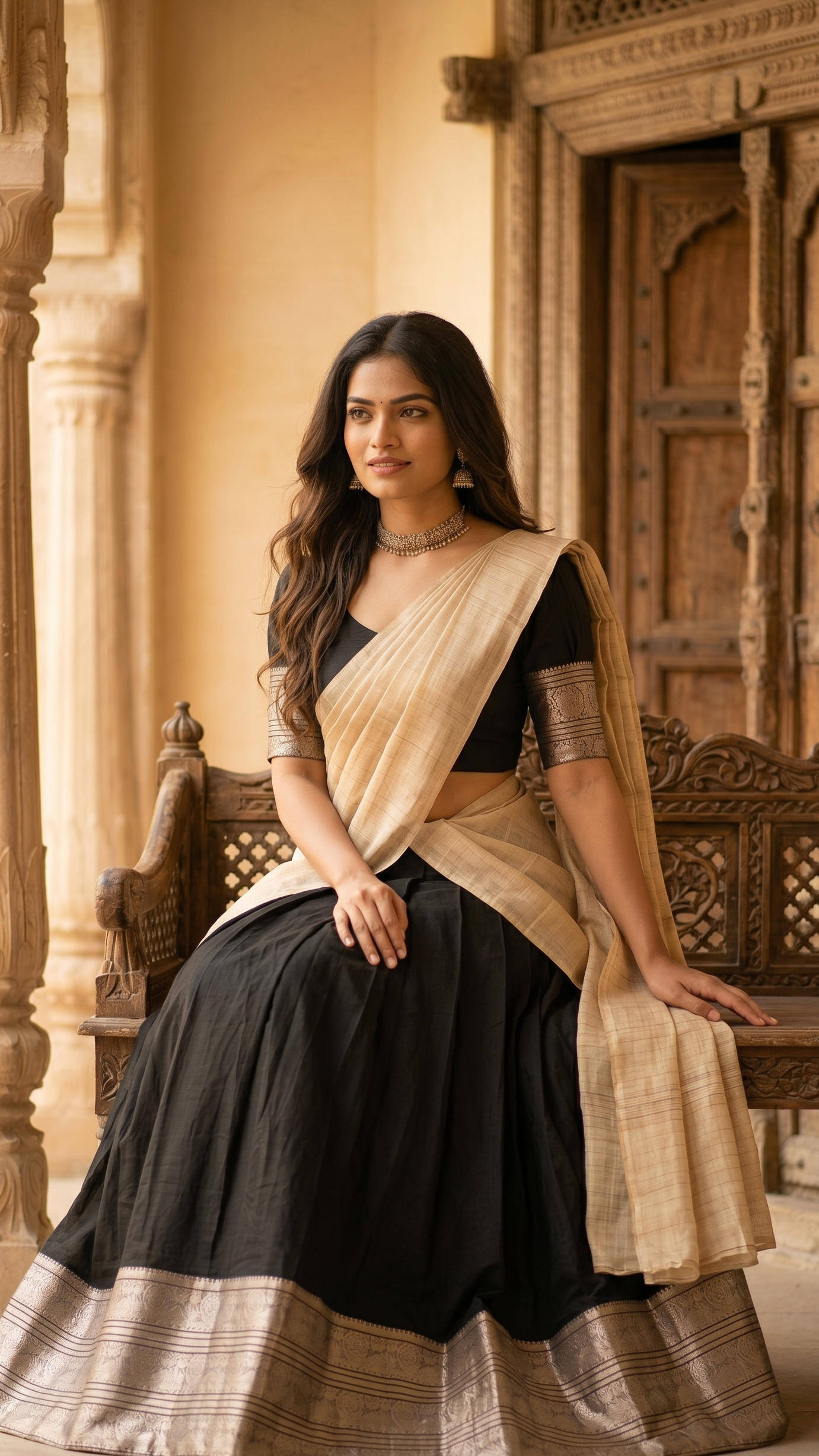 Black & Beige Half Saree