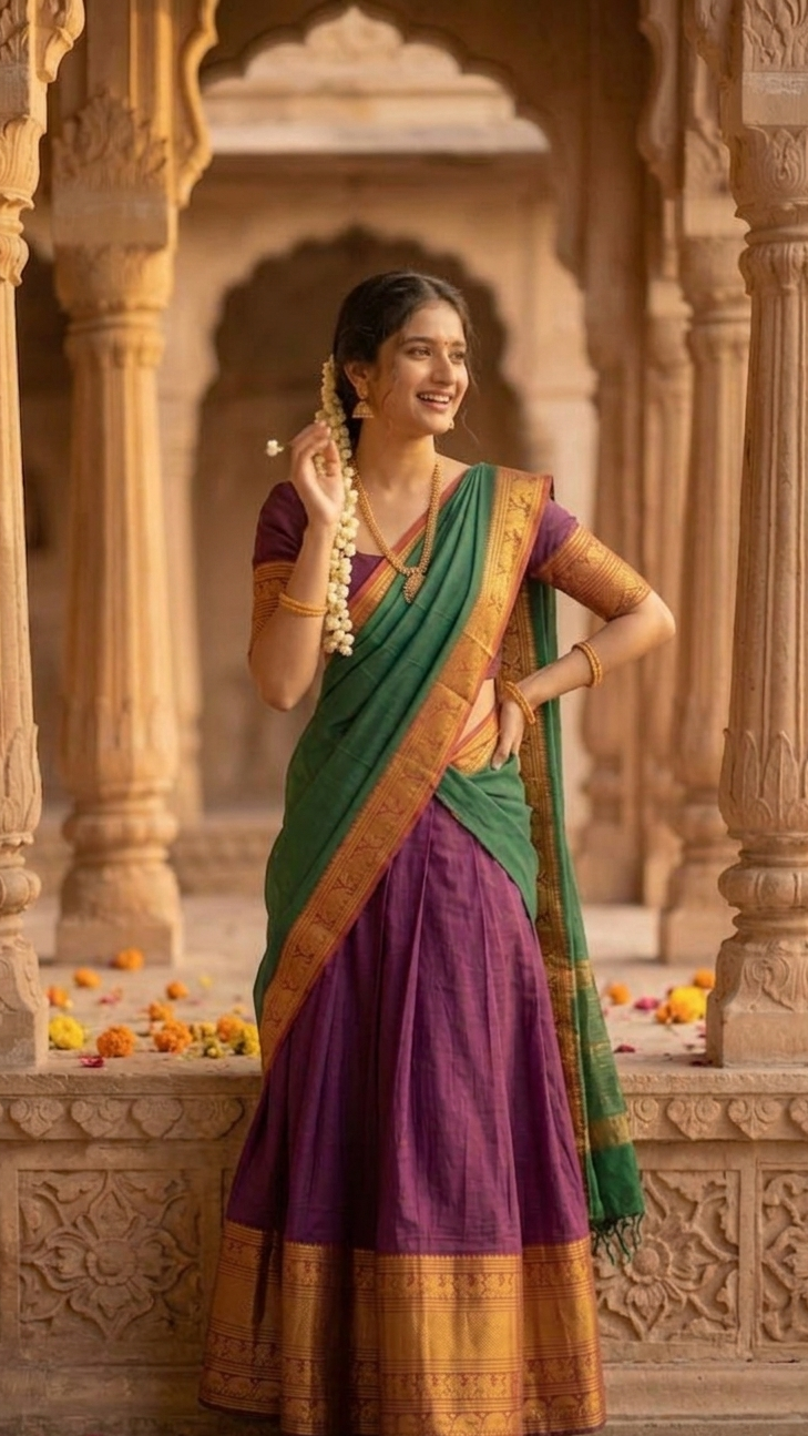 Magenta & Green Narayapet Half Saree