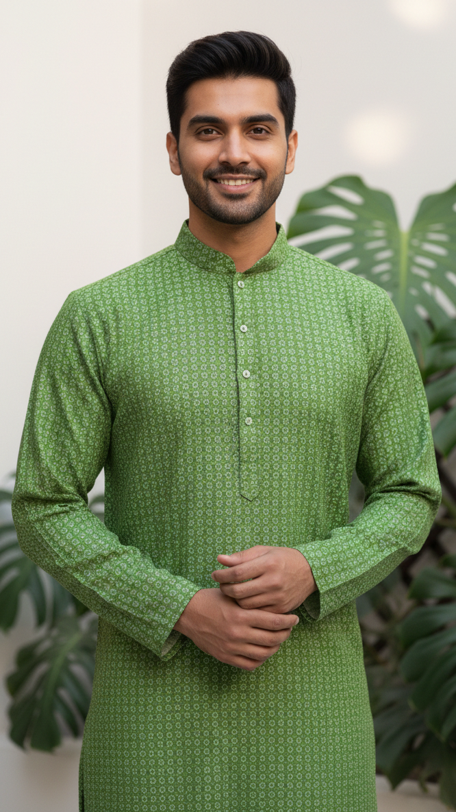 Green Dotted Weave Kurta Set