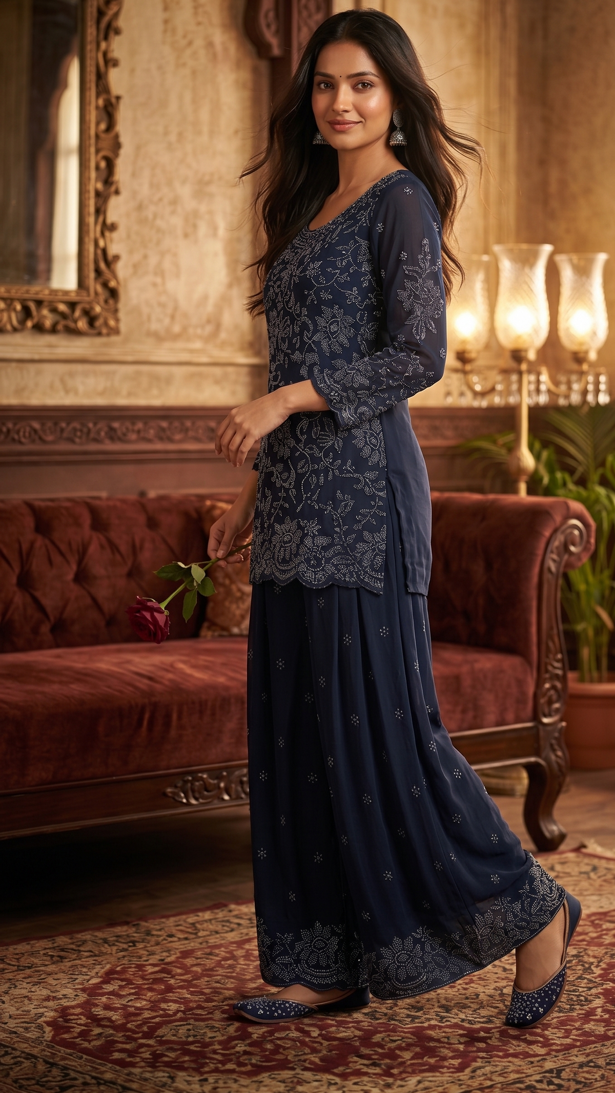 Navy Blue Silk Sharara Suit