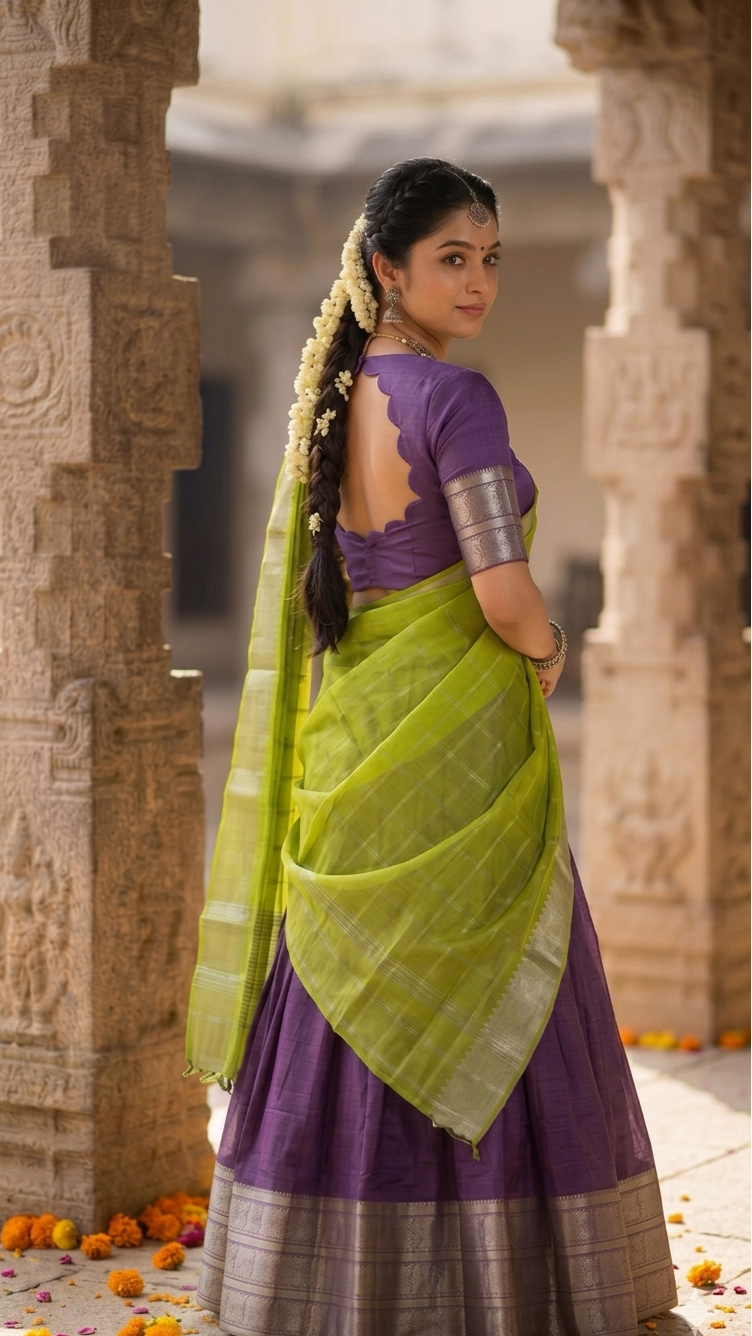 Lavender & Lime Green Half Saree