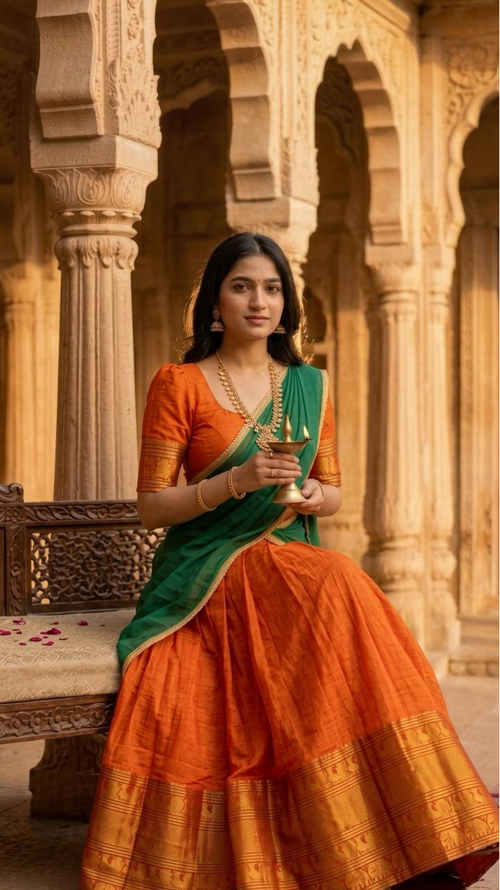 Orange & Green Naraypet Half Saree