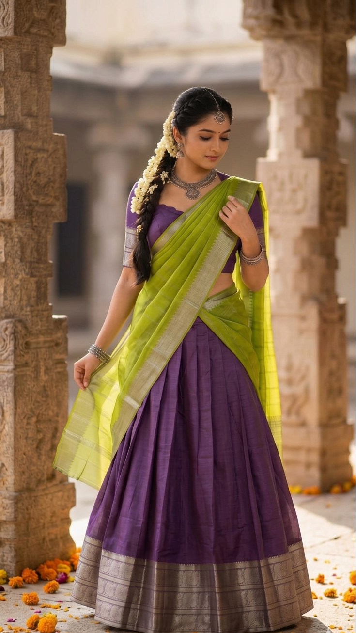 Lavender & Lime Green Half Saree