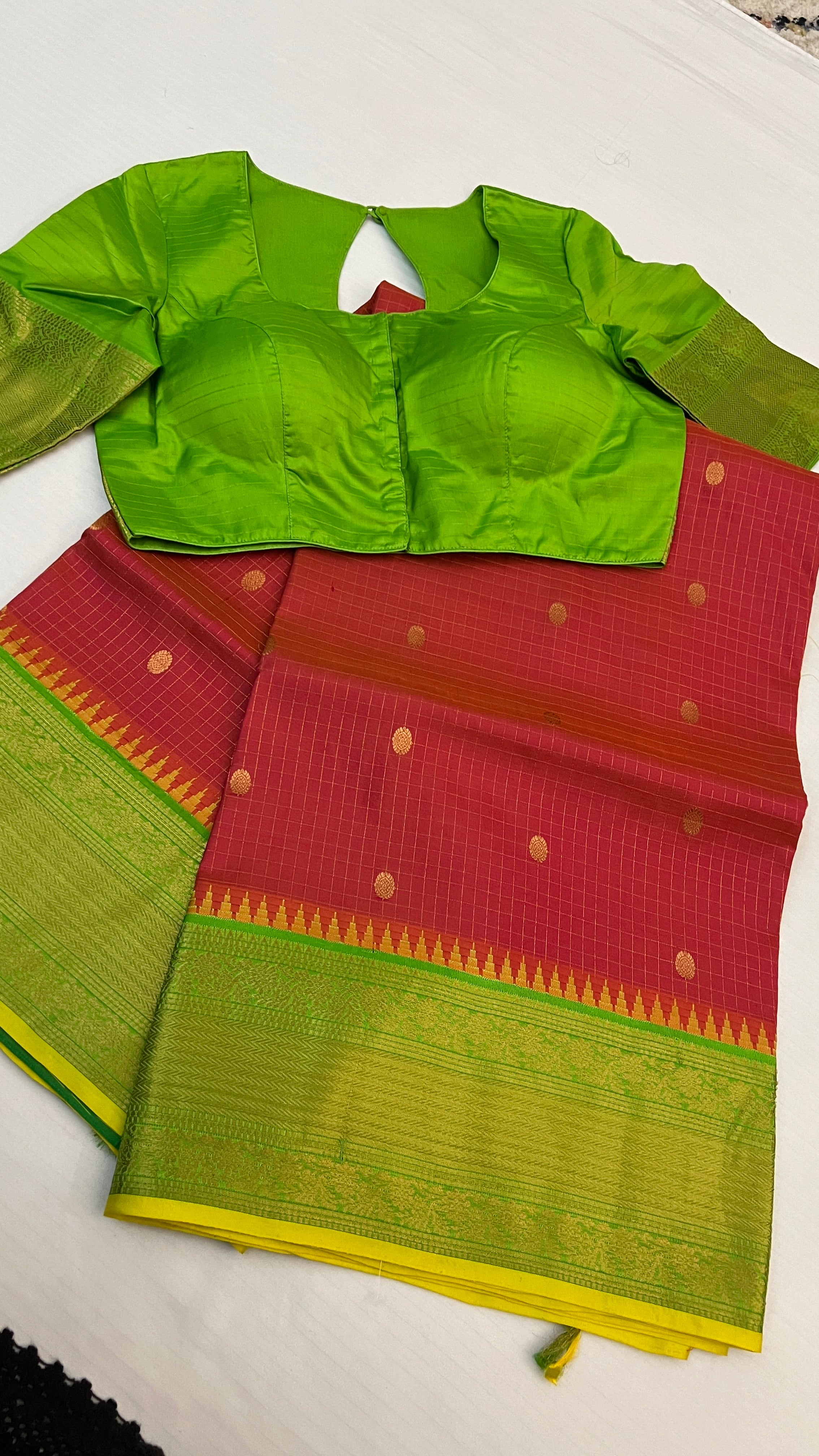 Brick Red & Green Gadwal Silk Saree