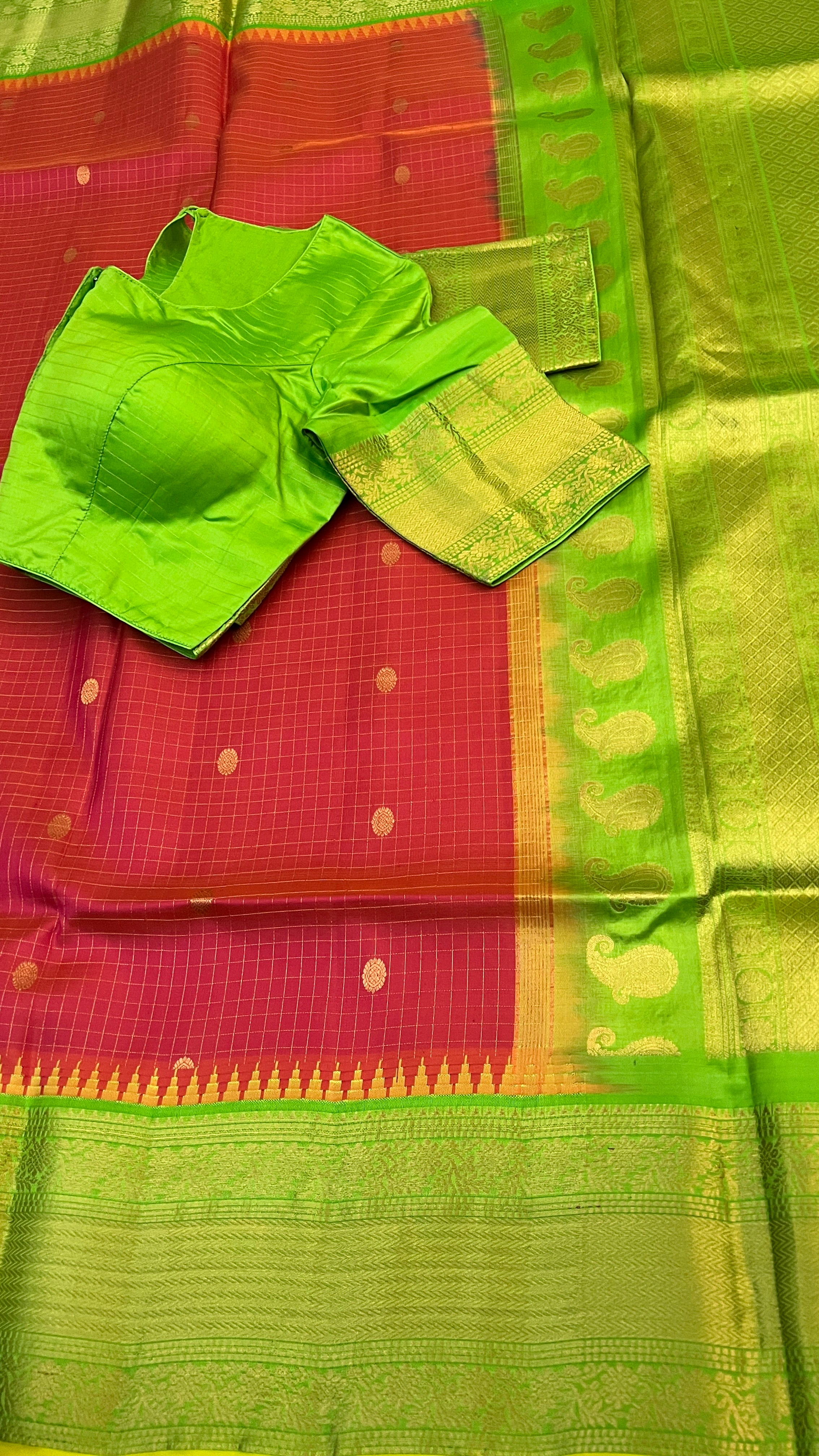 Brick Red & Green Gadwal Silk Saree