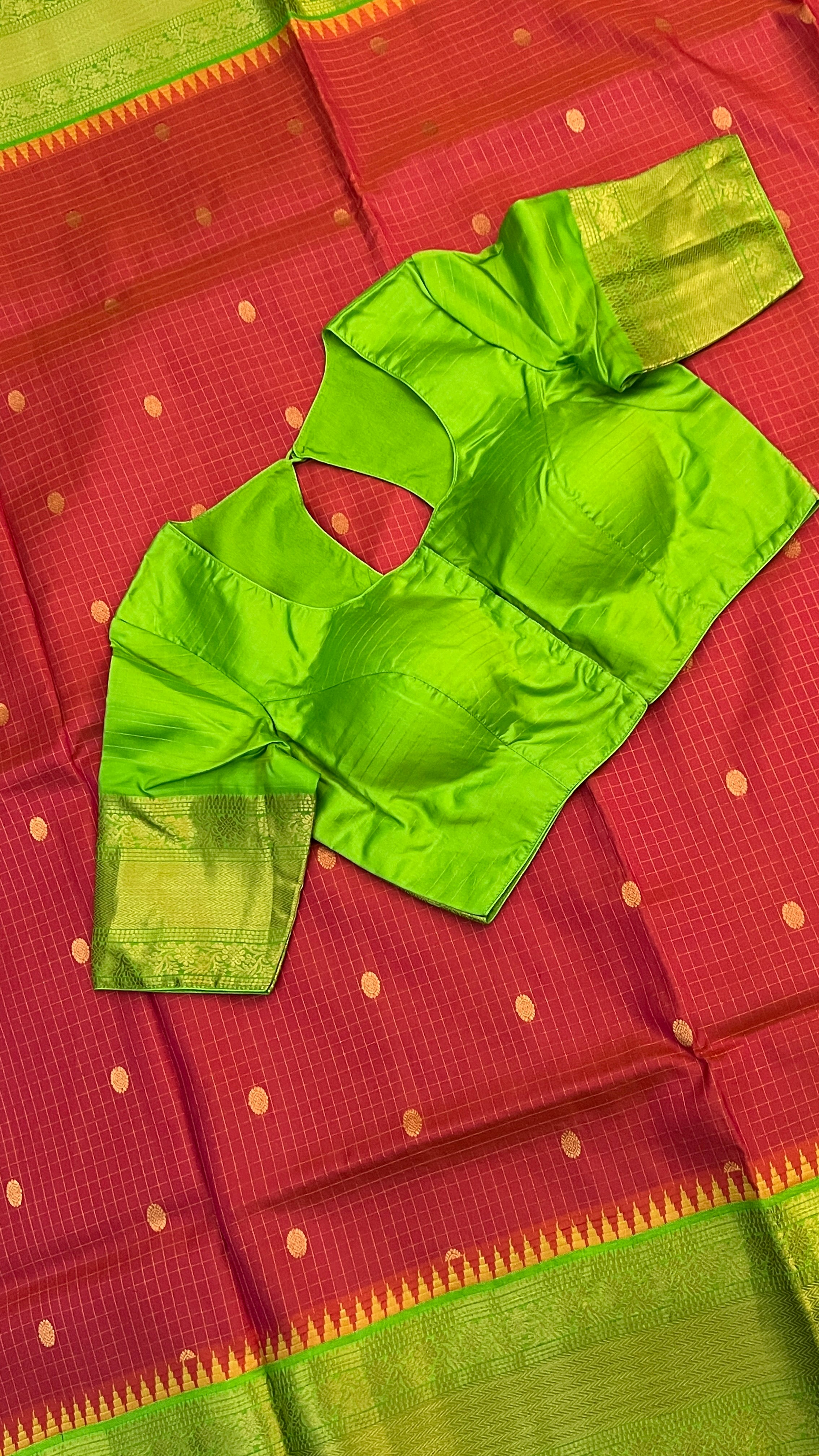 Brick Red & Green Gadwal Silk Saree