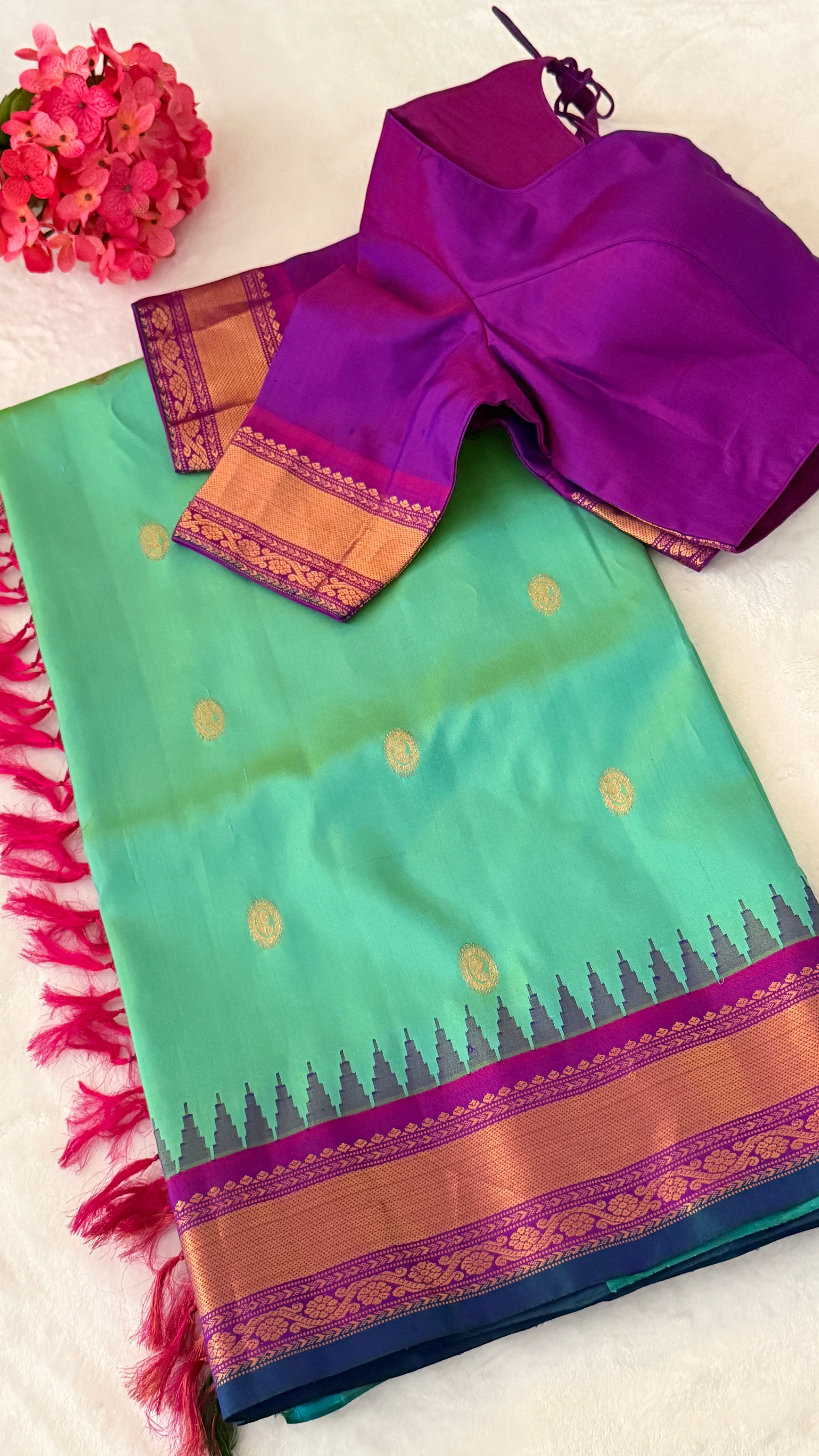 Sea Green & Purple Gadwal Silk Saree