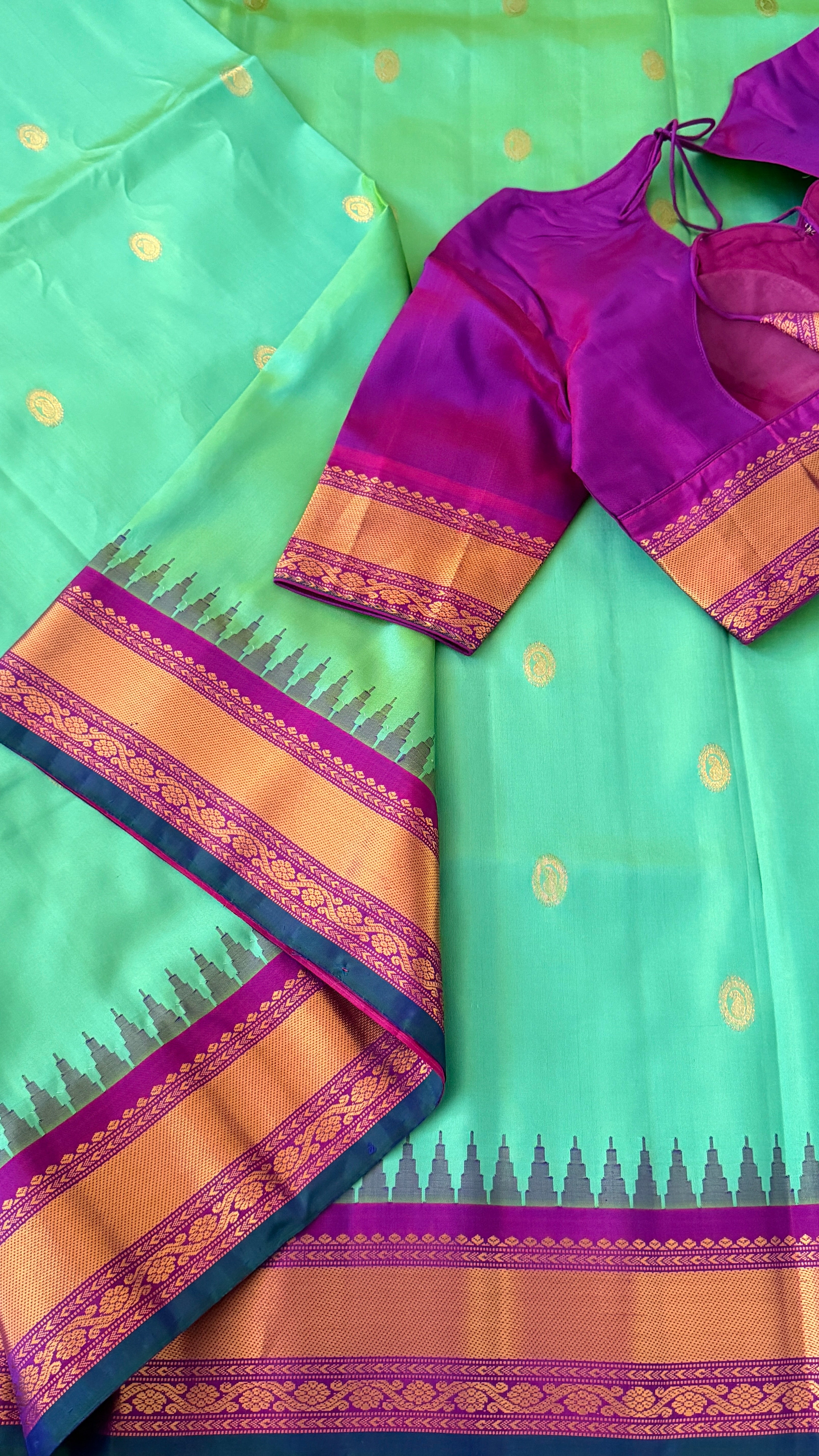 Sea Green & Purple Gadwal Silk Saree