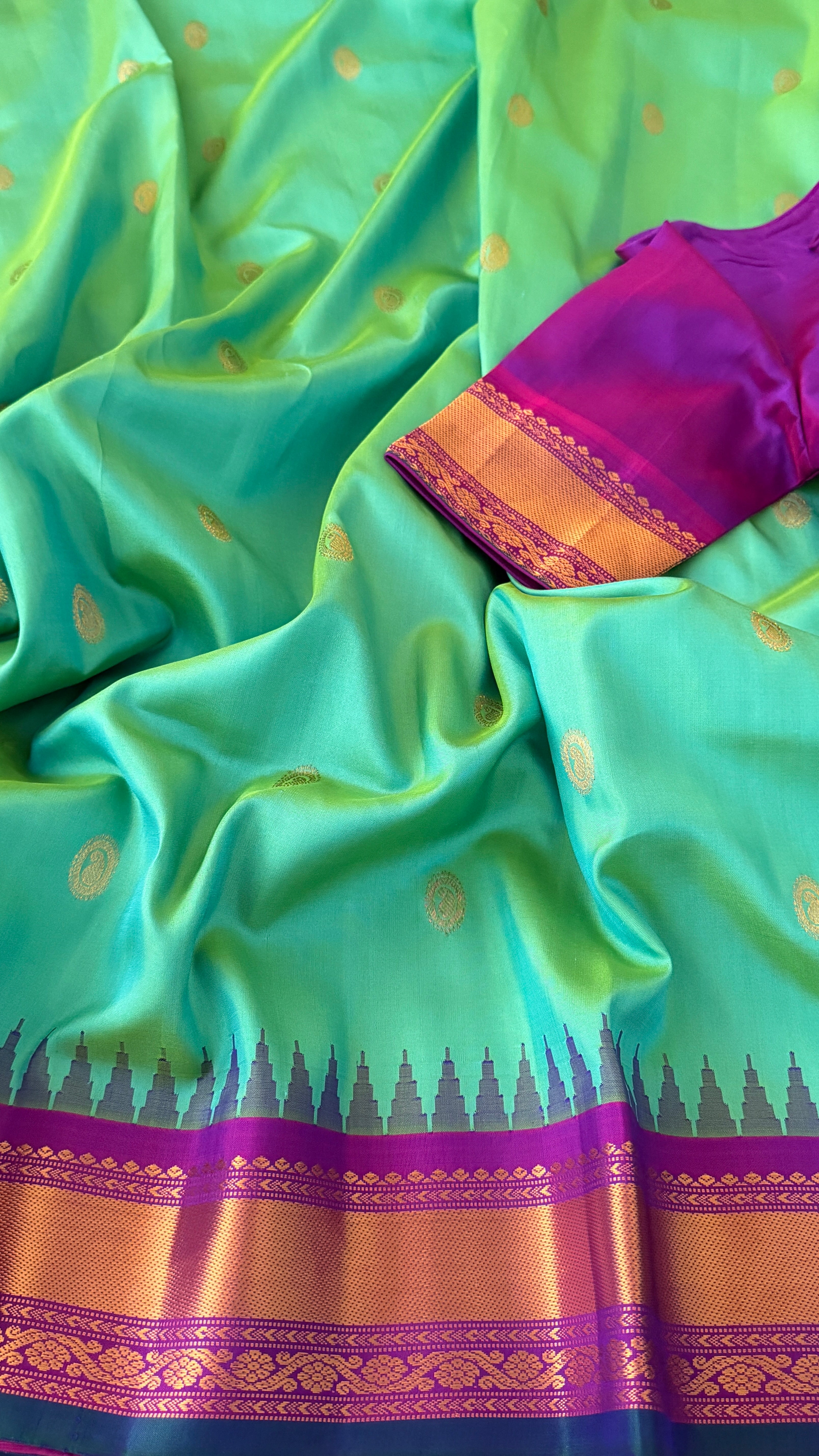 Sea Green & Purple Gadwal Silk Saree