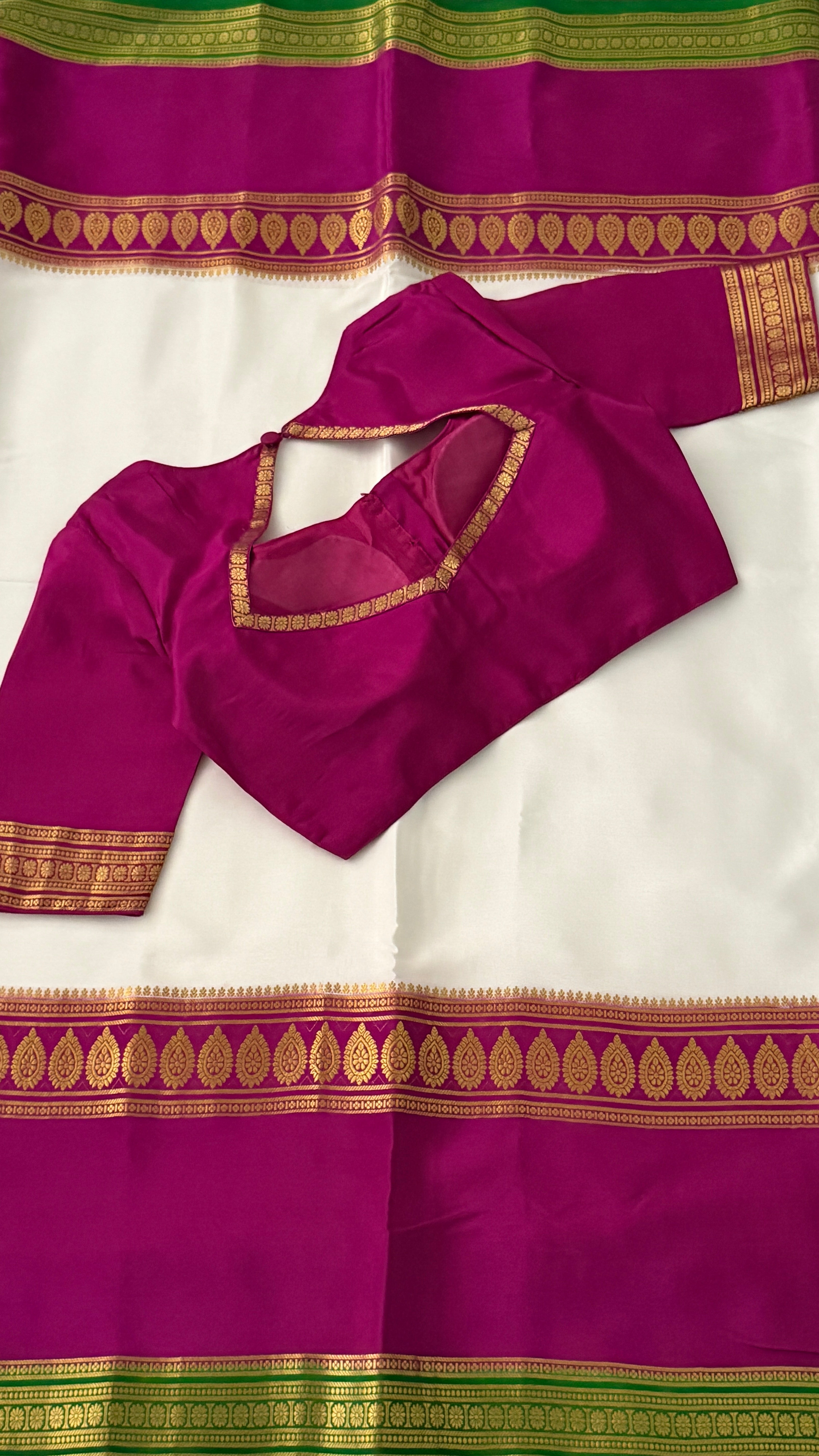 White & Magenta Mysore Silk Saree