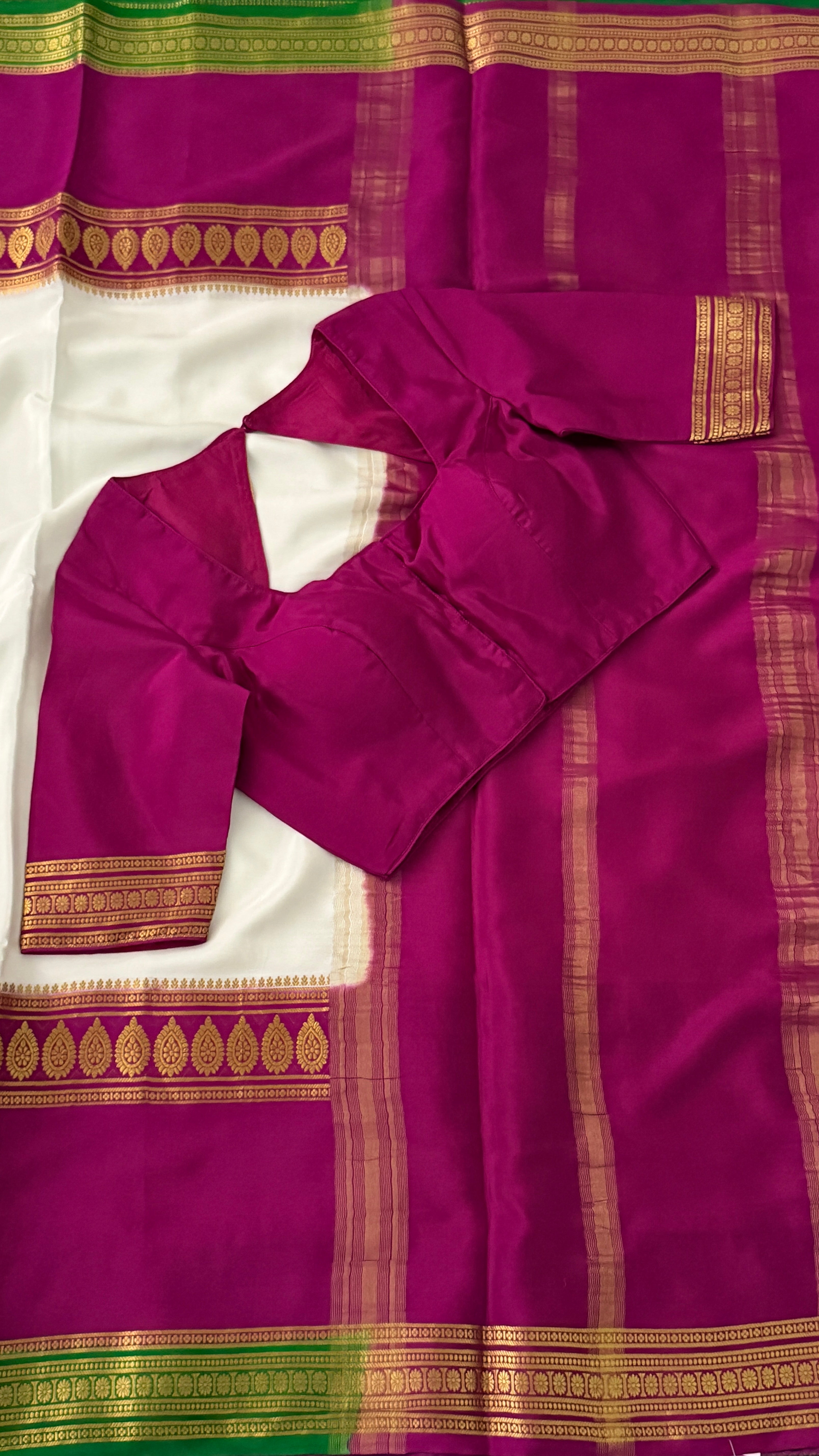 White & Magenta Mysore Silk Saree