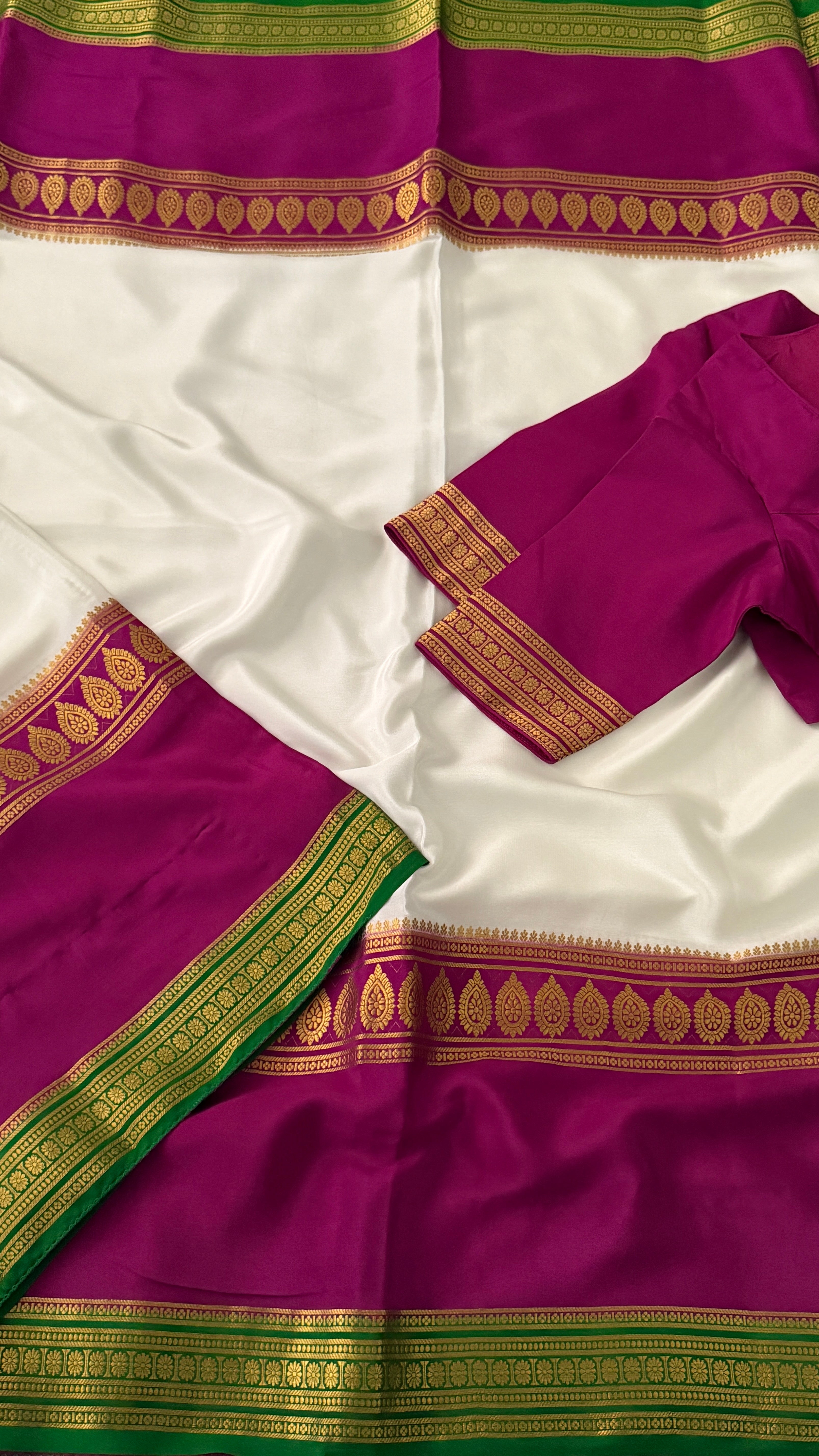 White & Magenta Mysore Silk Saree