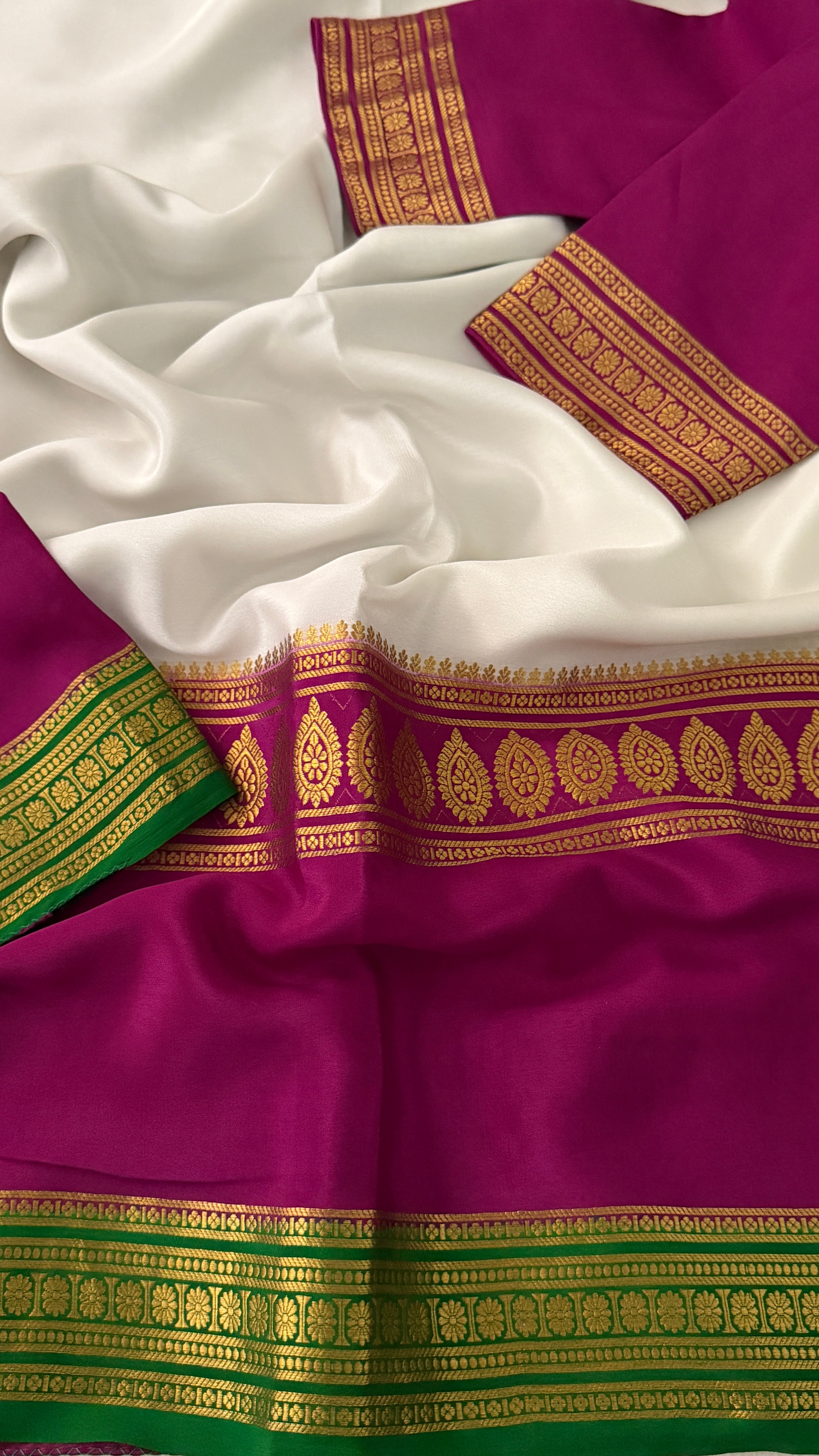 White & Magenta Mysore Silk Saree