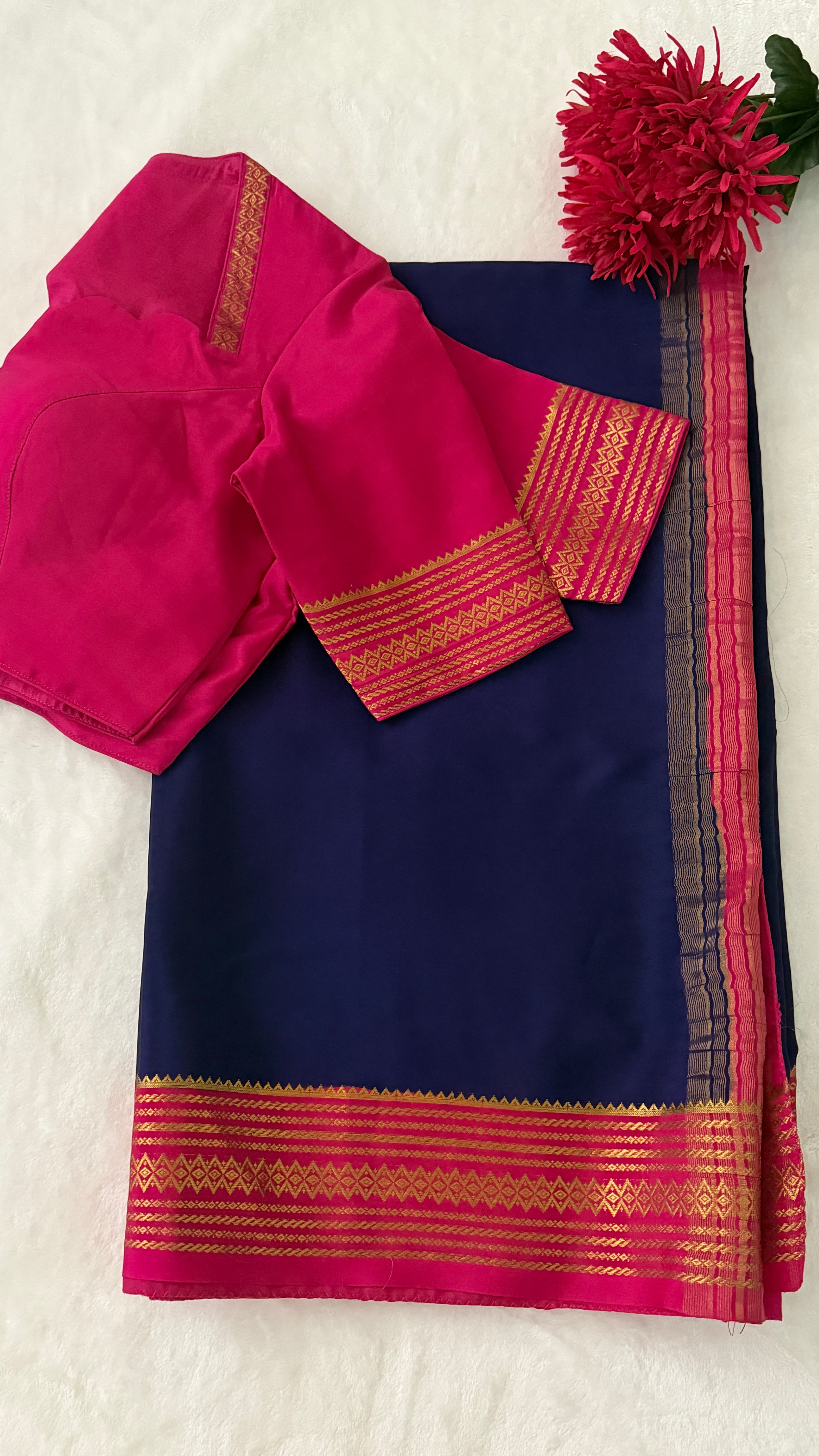 Navy Blue & Pink Mysore Silk Saree