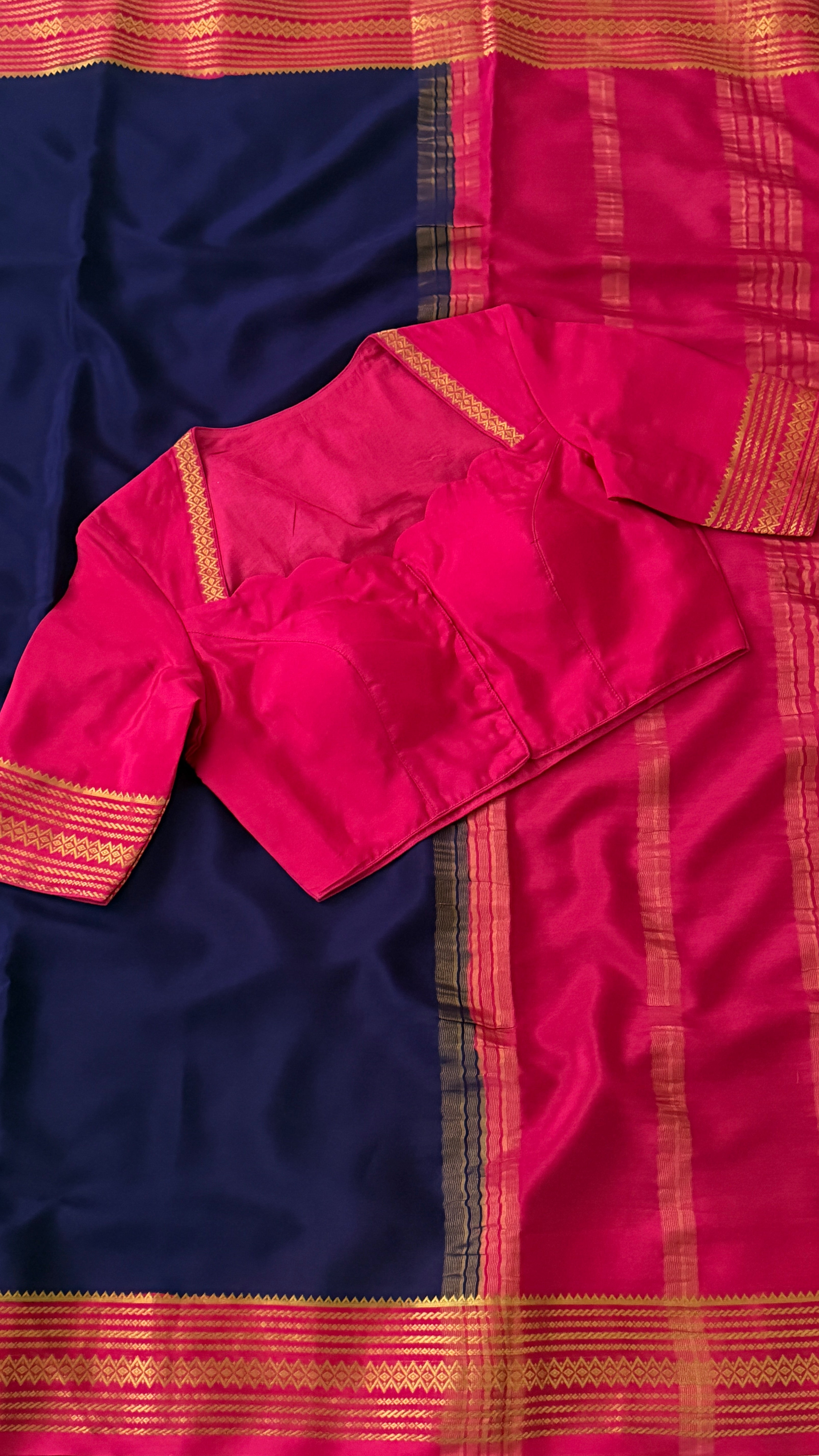 Navy Blue & Pink Mysore Silk Saree