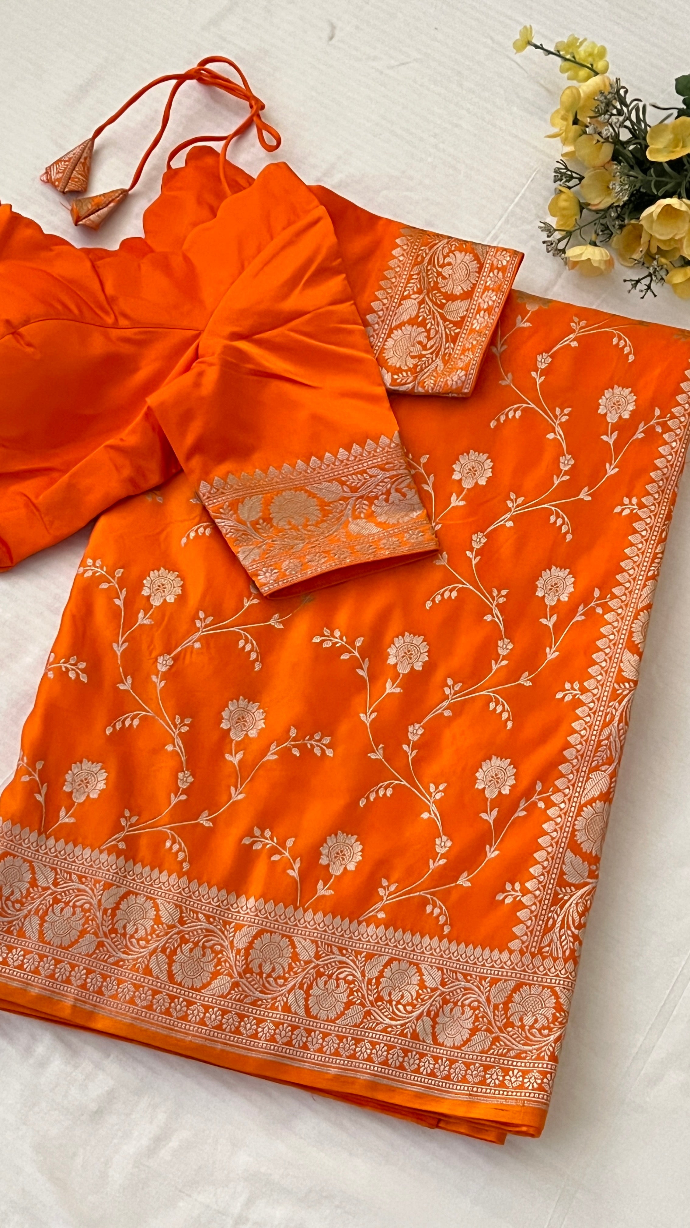 Orange Floral Banaras Silk Saree