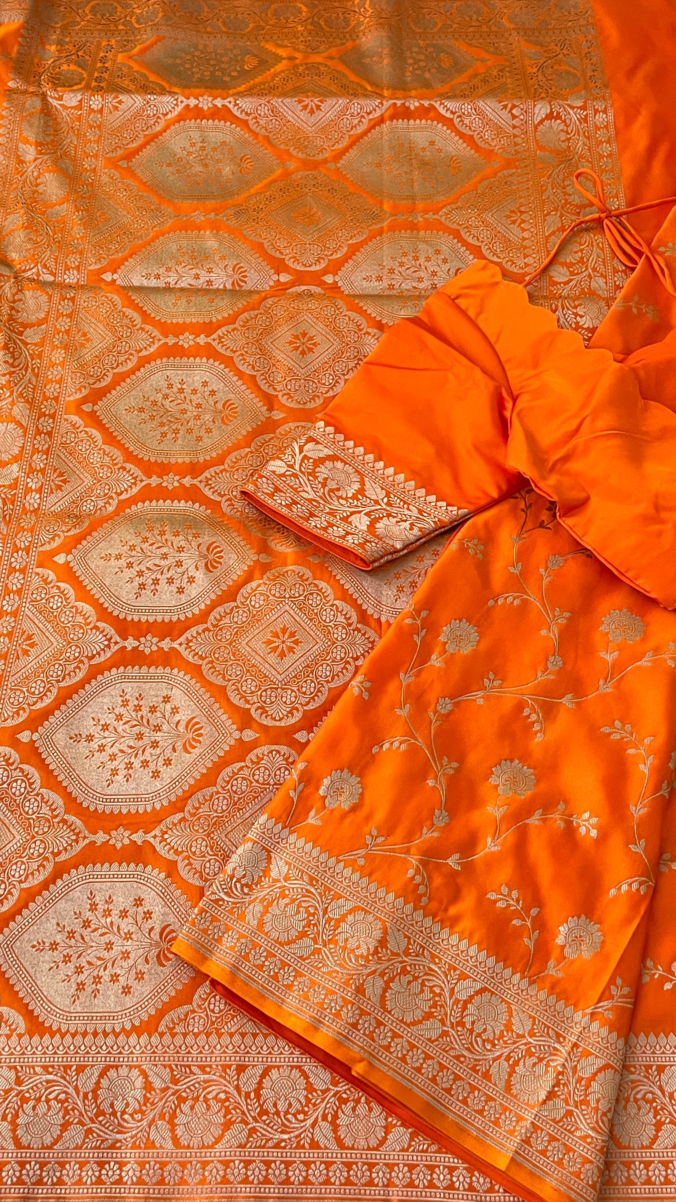 Orange Floral Banaras Silk Saree