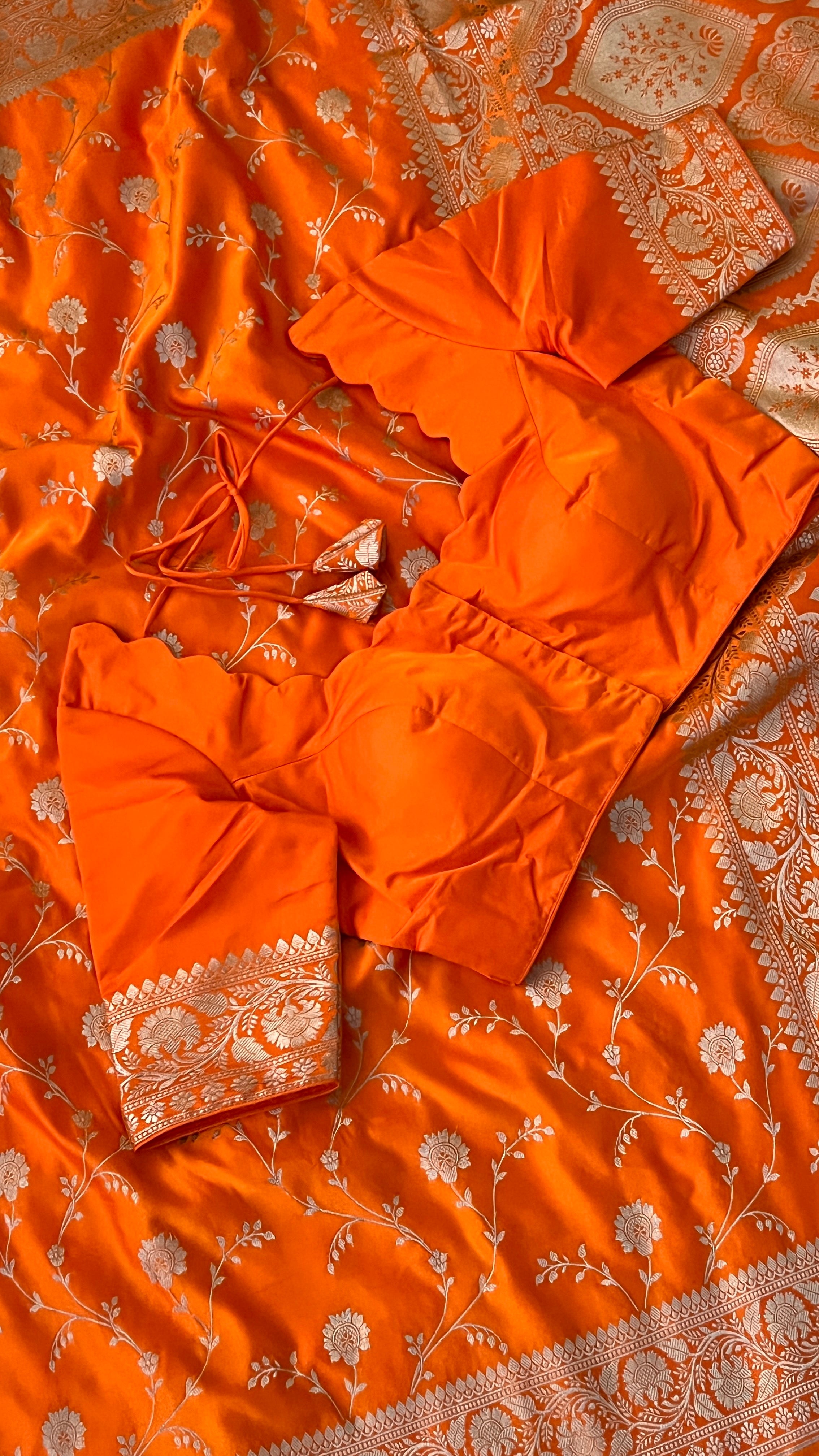 Orange Floral Banaras Silk Saree