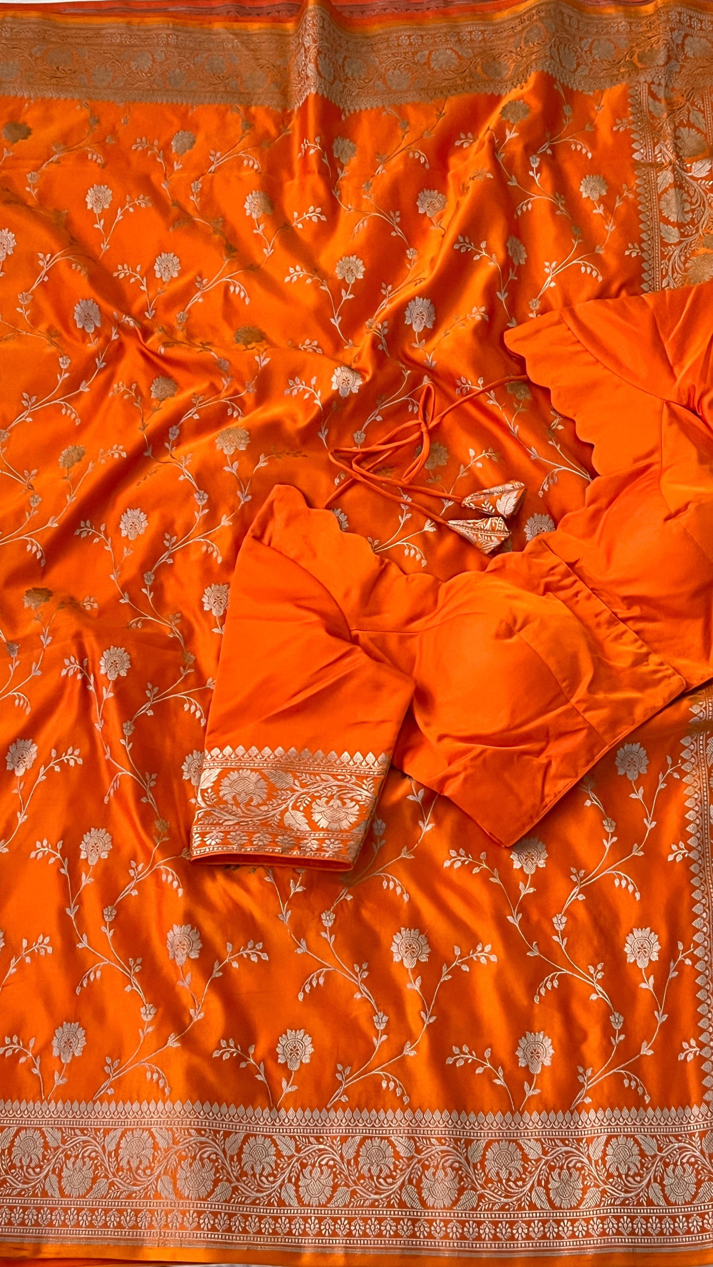 Orange Floral Banaras Silk Saree