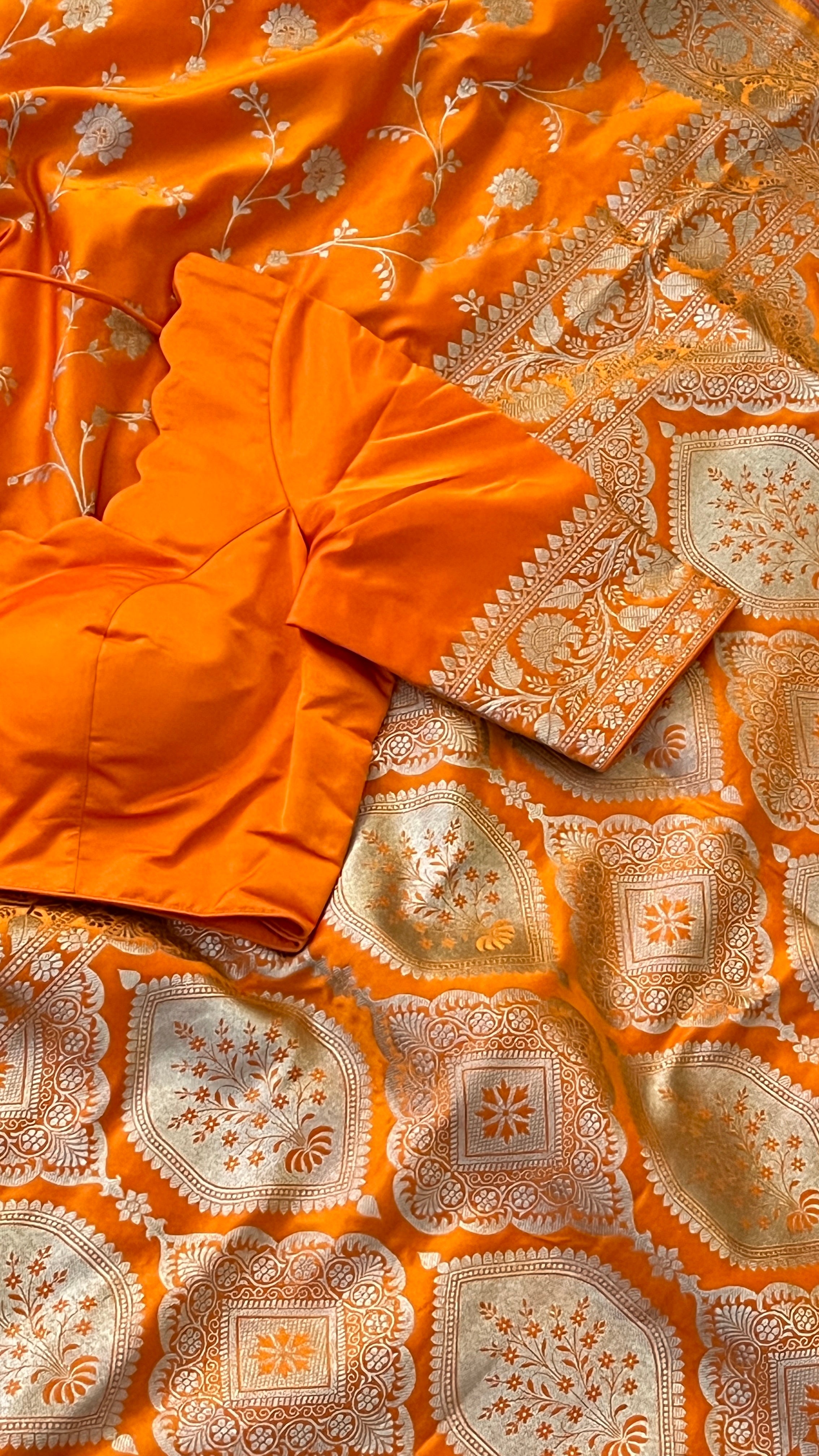 Orange Floral Banaras Silk Saree