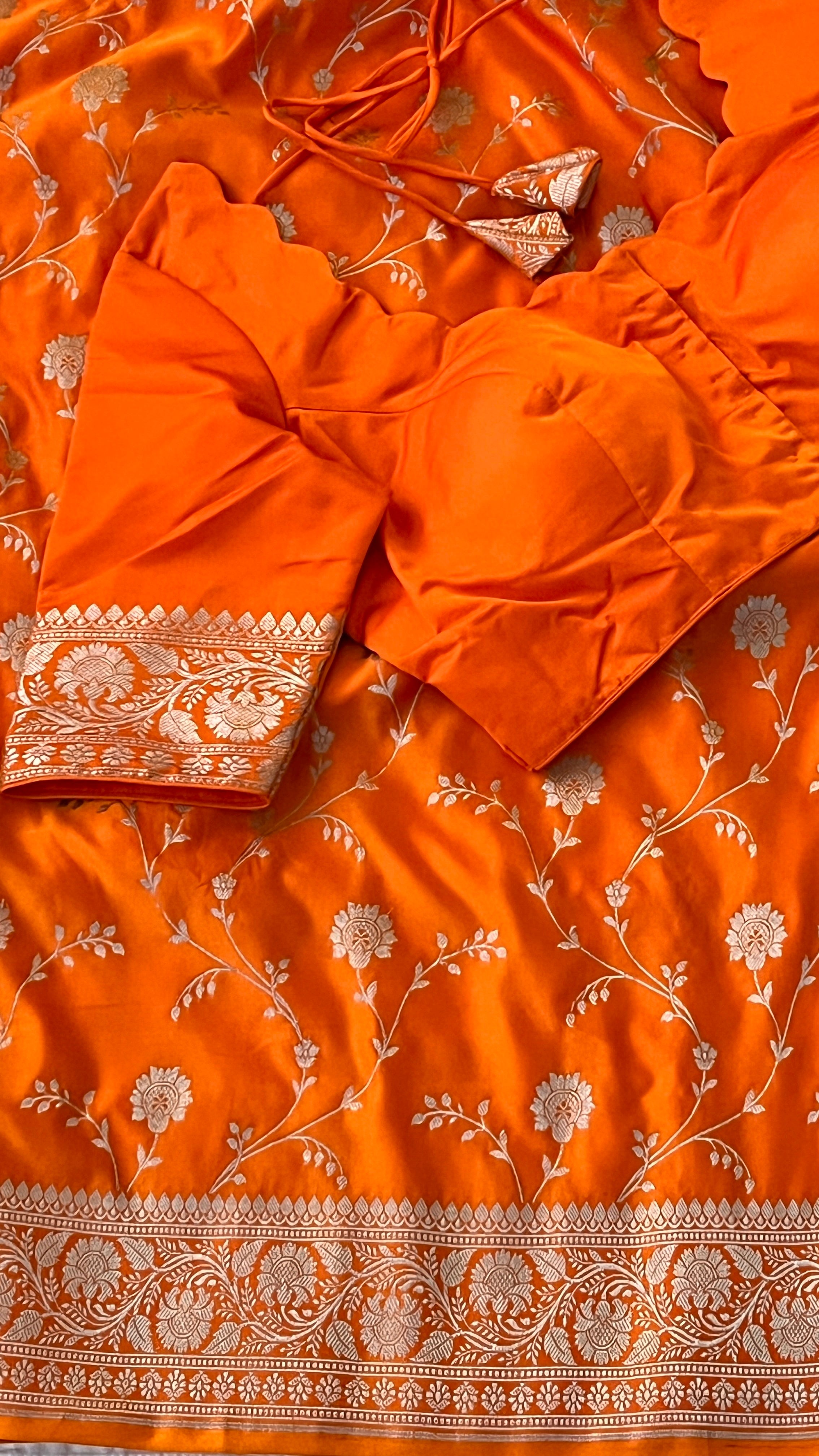 Orange Floral Banaras Silk Saree