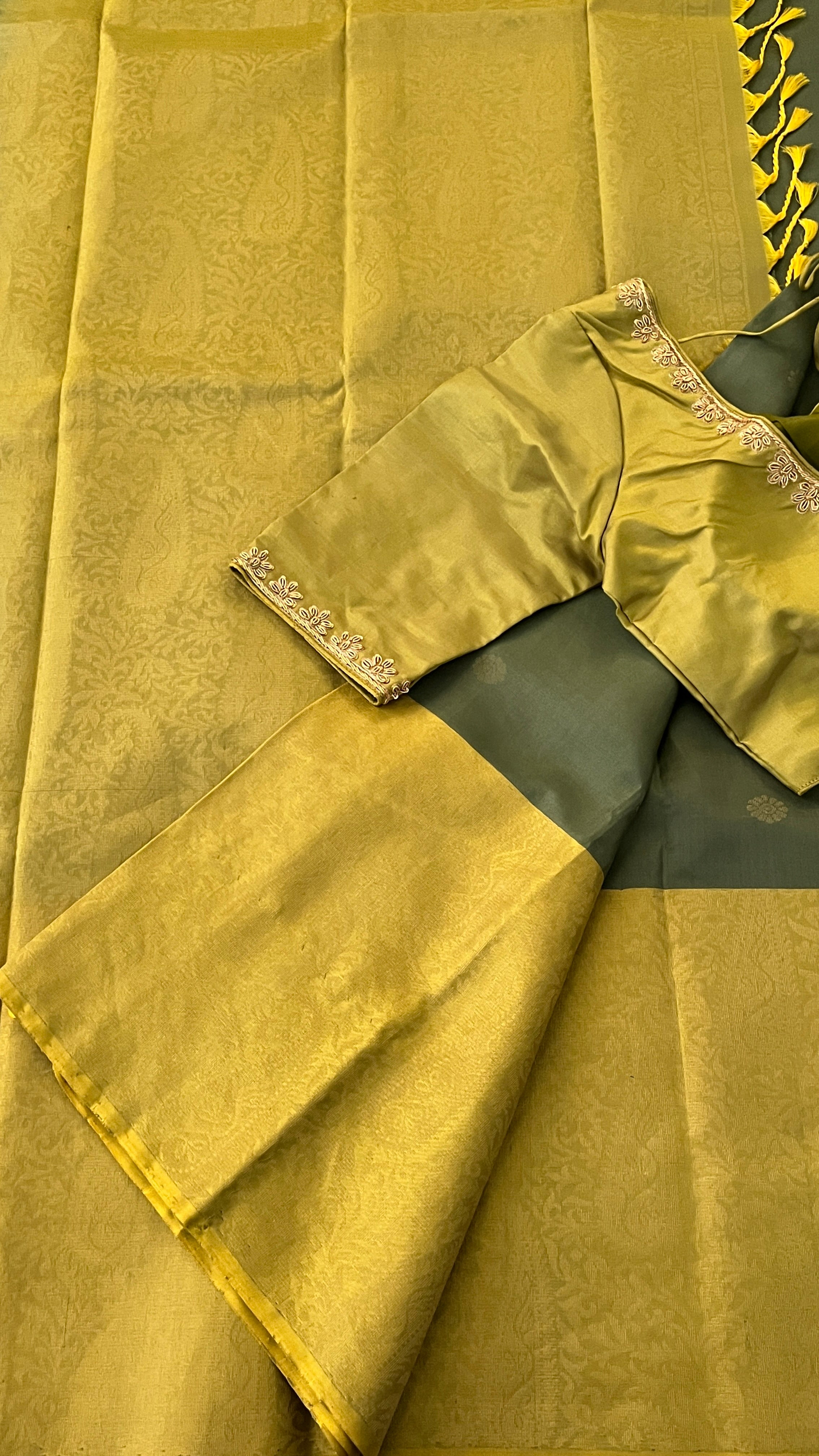 Sage Green & Yellow Kanchivaram Silk Saree