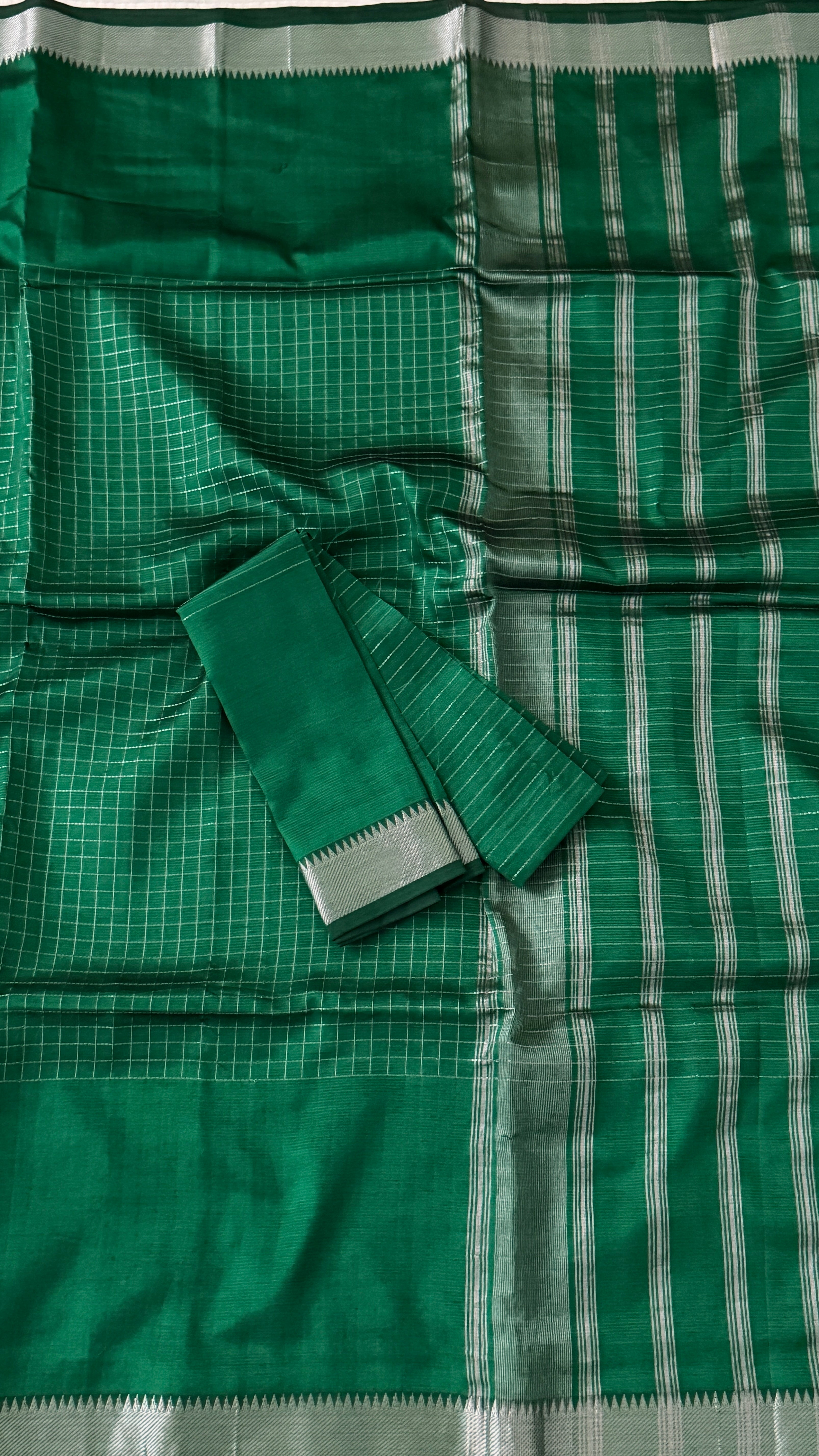 Bottle Green Checks Mangalagiri Silk Saree