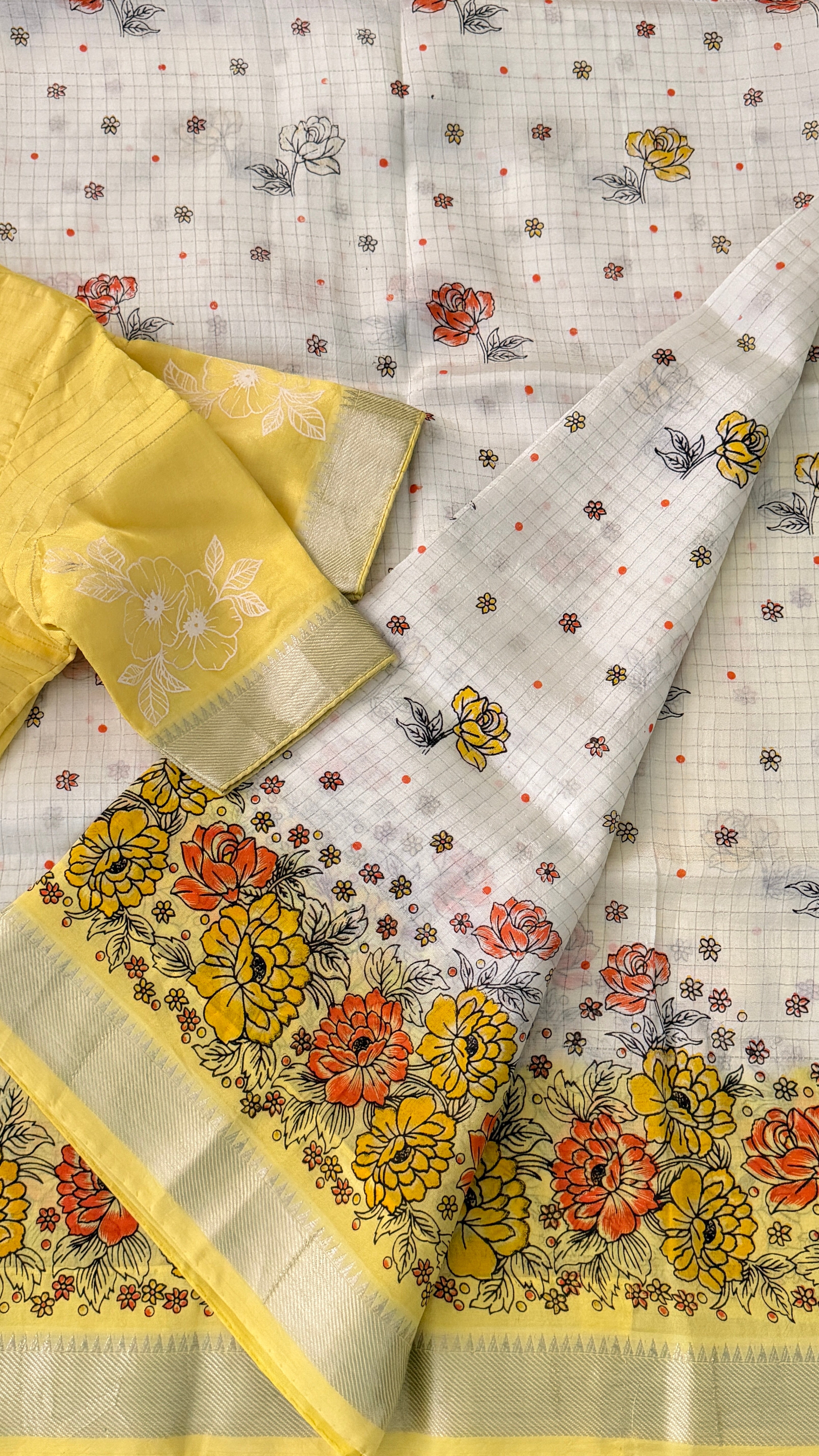 White & Yellow Floral Print Managalagiri Silk Saree