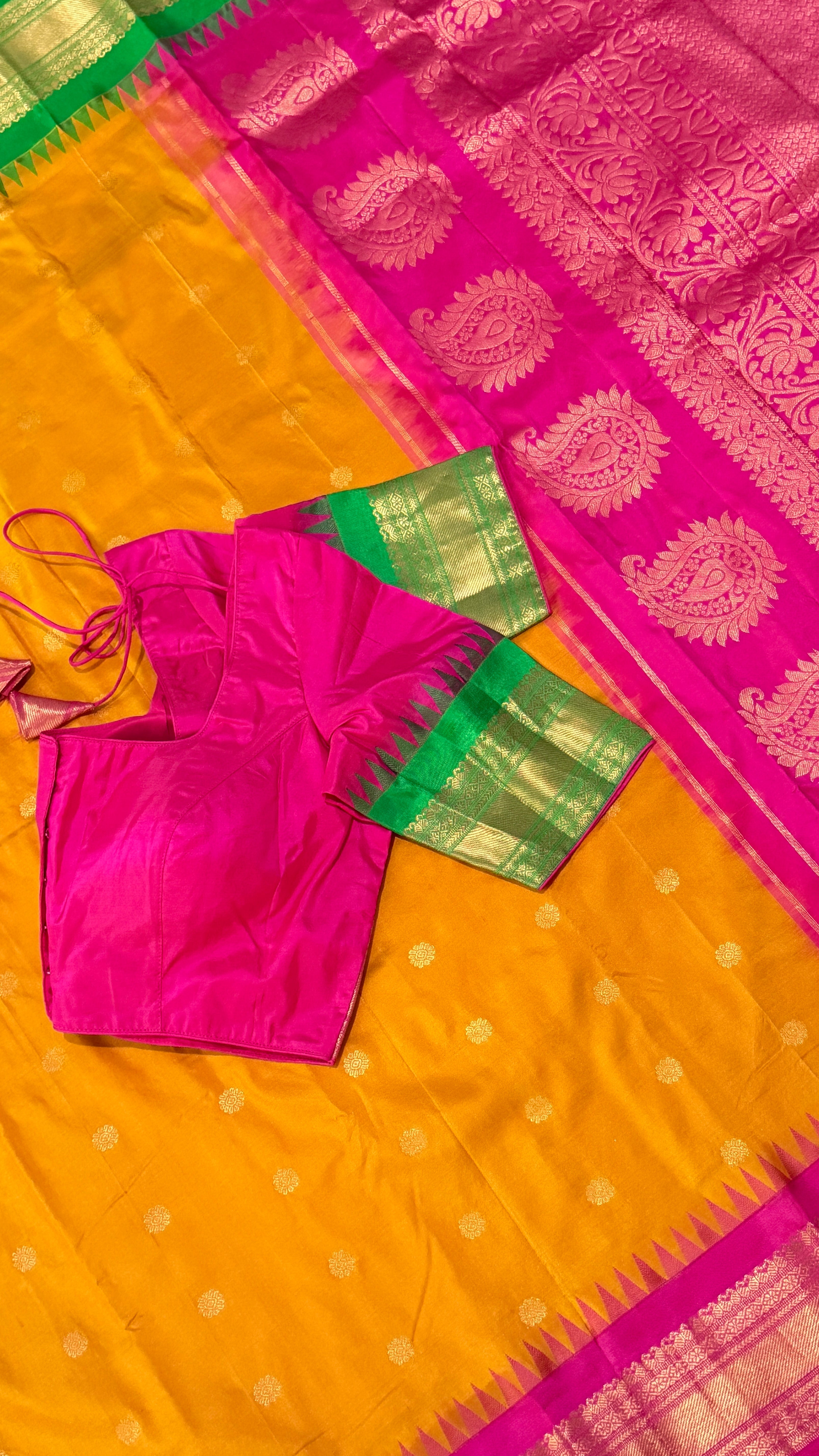 Mustard & Hot Pink Kanchipuram Silk Saree