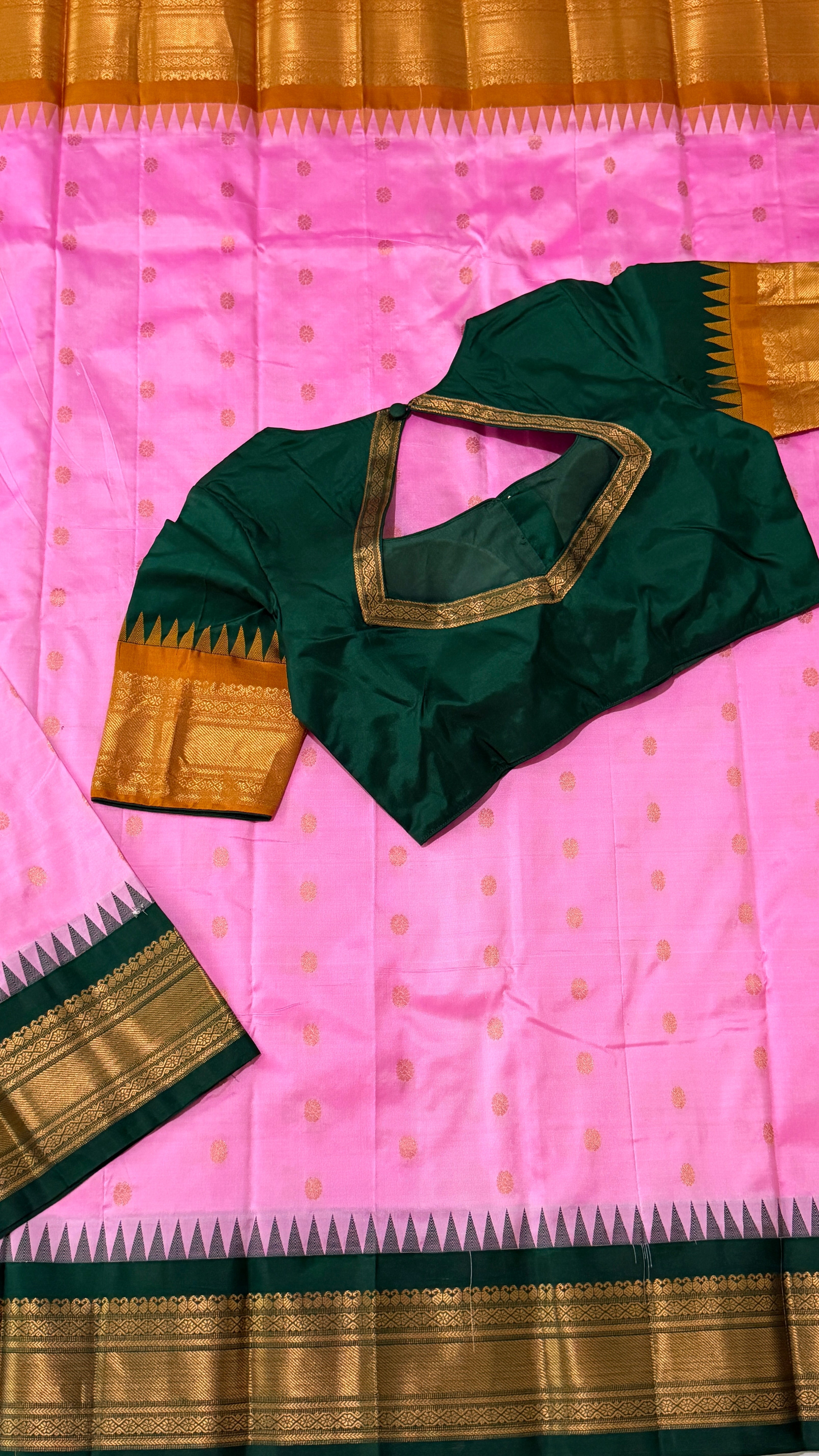 Pink & Bottle Green Kanchipuram Silk Saree