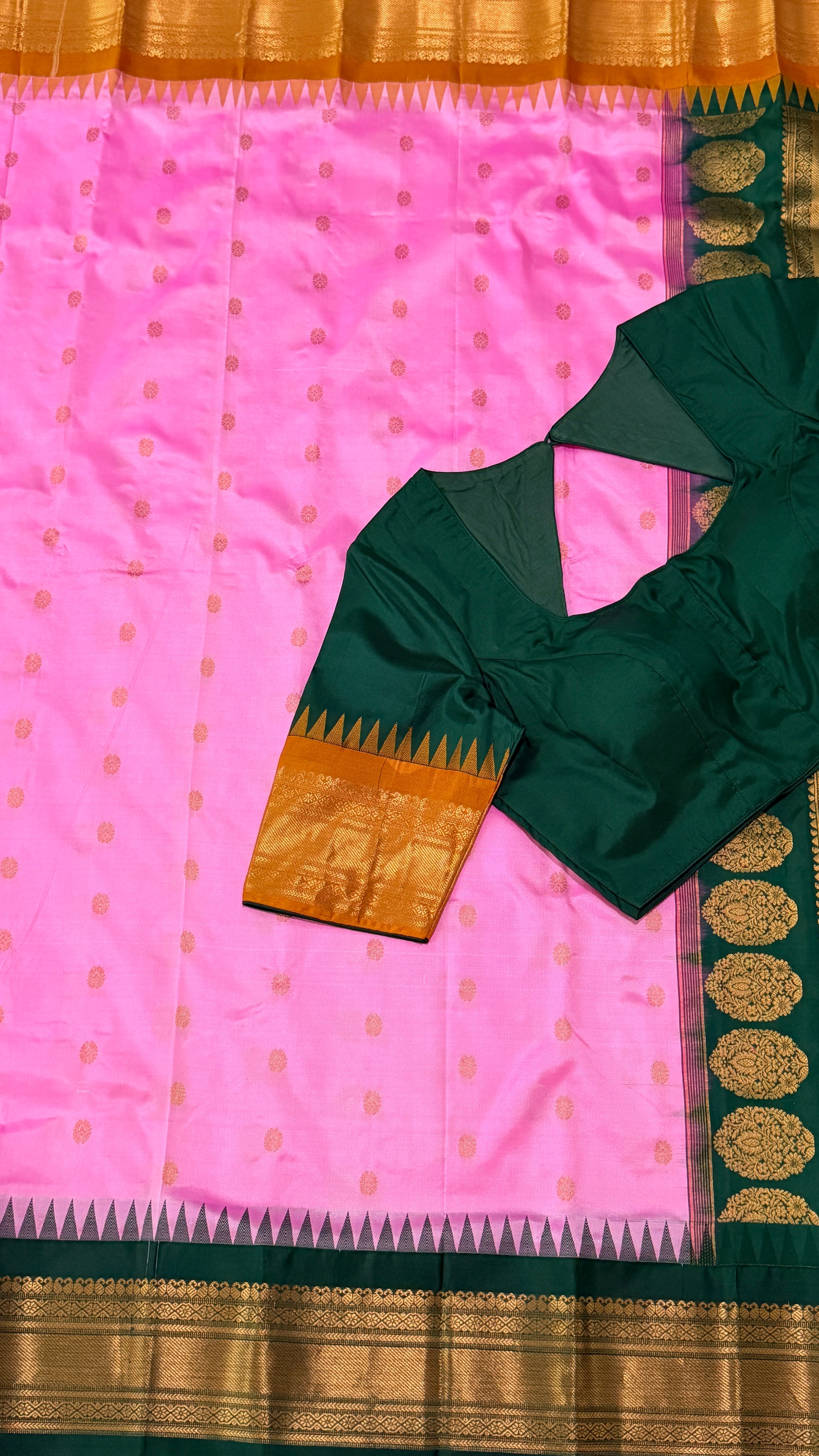 Pink & Bottle Green Kanchipuram Silk Saree
